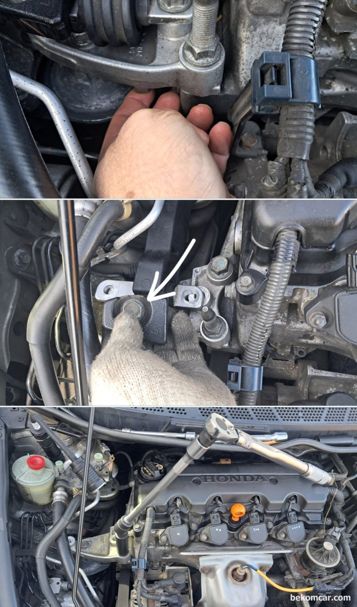 혼다 시빅 8세대 1.8L R18A1 엔진마운트 교환기록이다. 새 엔진마운트는 브라켓과 마운트 사이에 손가락이 들어갈 정도 공간이 있다.|بيكومكار  (bekomcar)