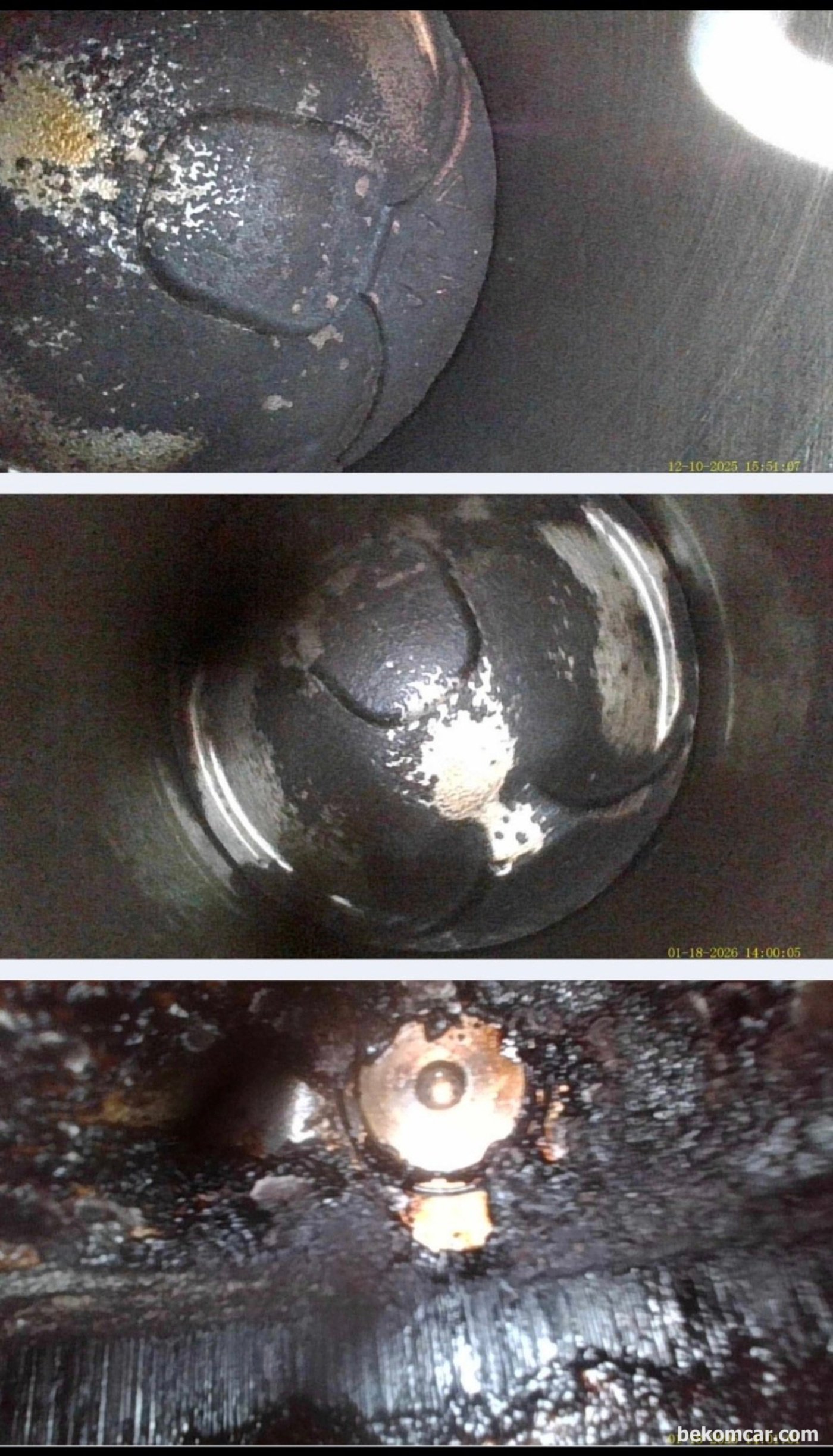 일반적인 직분사 엔진의 피스톤, 실린더 및 밸브 그리고 인젝터 분사노즐 부분의 카본상태이다. GDI직분사 엔진은 구조상 카본이 쌓일수밖에 없다. 너무 깨끗한것 역시 주의해야 한다.|베콤카 차량정밀진단