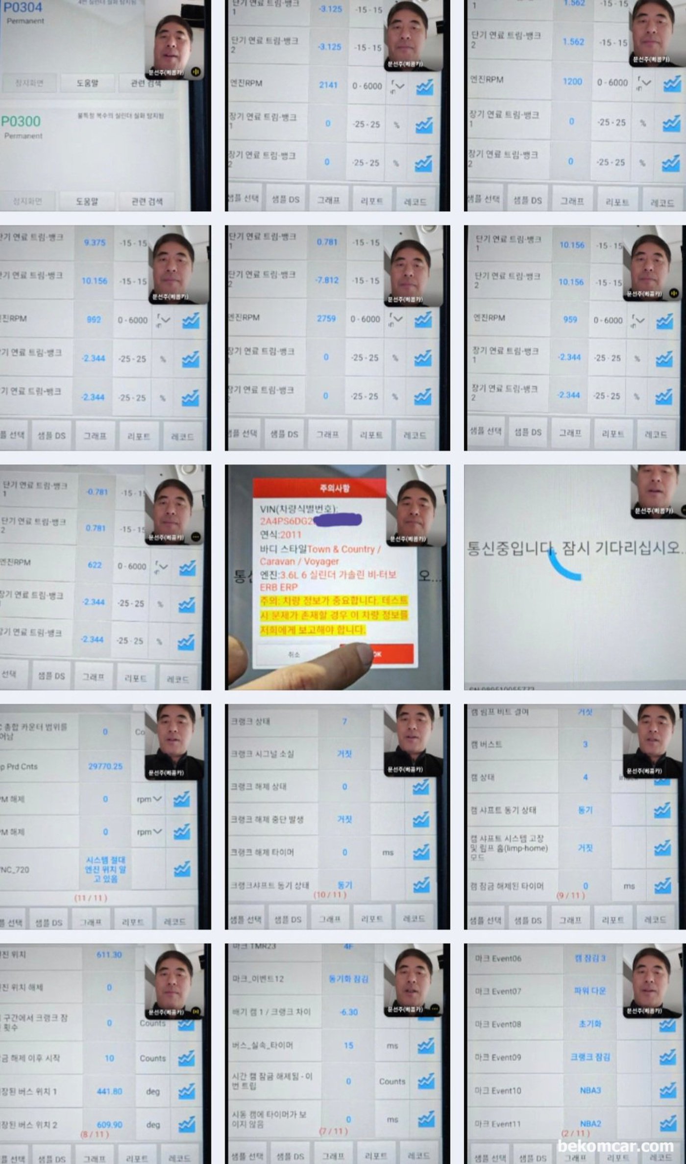 베콤카 원격 기술 지원, 크라이슬러 그랜드보이저 Town Country 실화 P0300 P0304 사례이다. 데이터 분석을 원격지 정비사와 함께 하고 있다.|베콤카 차량정밀진단