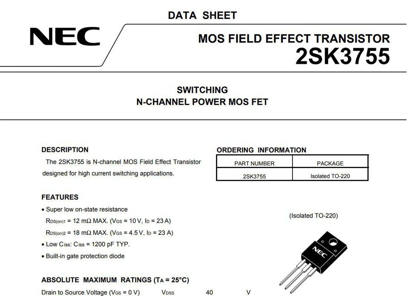 NEC SDK3755 Datasheet, https://www.alldatasheet.com/datasheet-pdf/download/113039/NEC/2SK3755.html 이다. 혼다 IMA 하이브리드 12V 배터리 충전이 안되는 경우에 참고할 자료이다.|베콤카 차량정밀진단