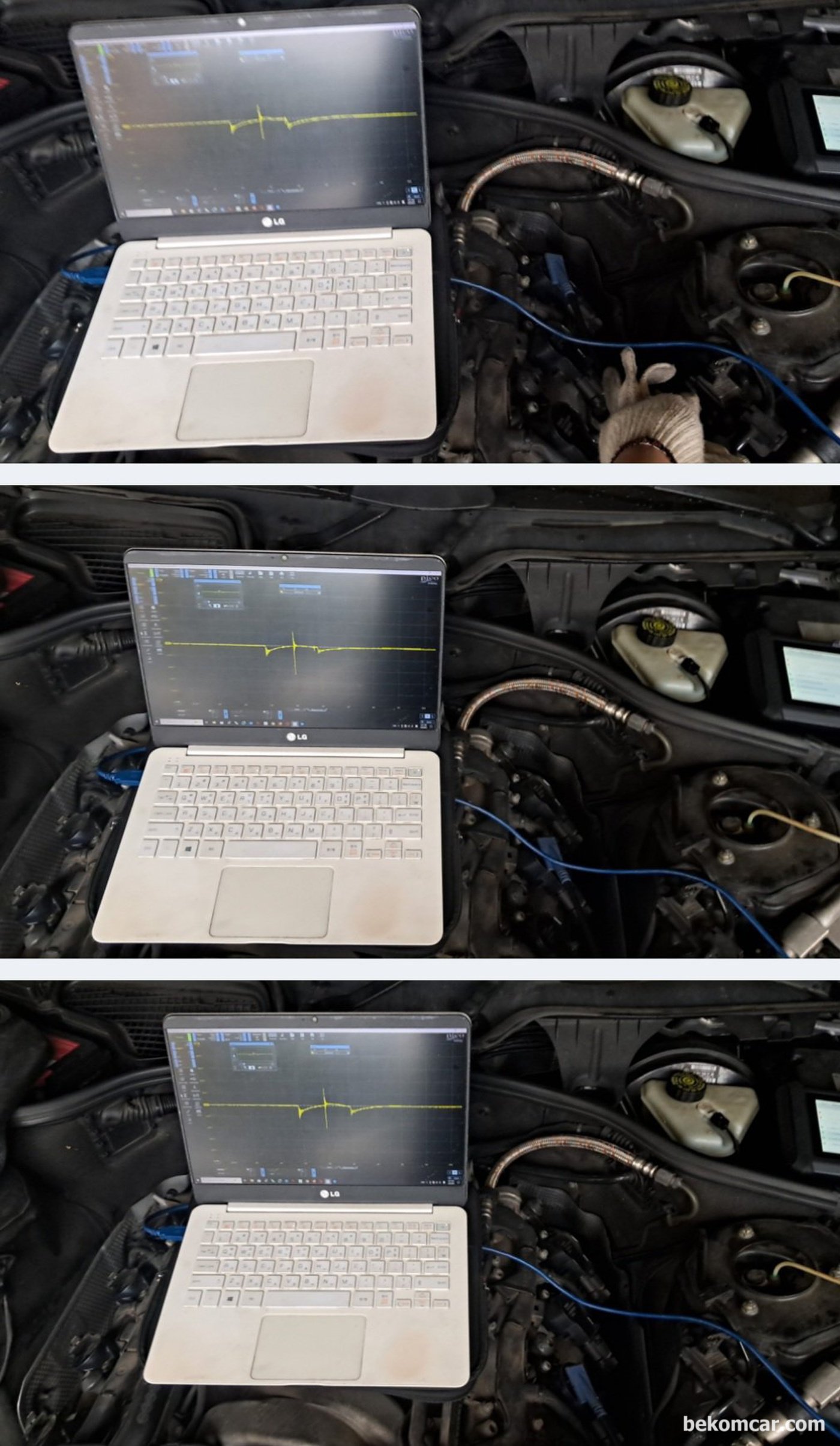 벤츠 S550 V8 2008년 차량의 점화2차 파형분석과정이다. 간헐적 시동불량 진단과정중 점화코일 점화플러그 작동을 진단하는 과정이다. 다 정상이다.|bekomcar.com