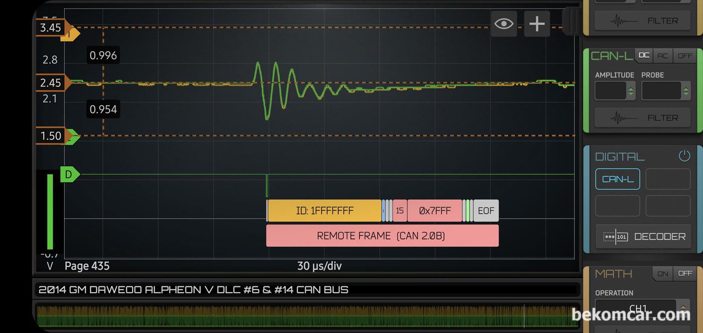 HS512Max 스코프 캔 통신파형 이다. 에러가 있는 파형이 시각적으로 확인이 된다.|bekomcar.com