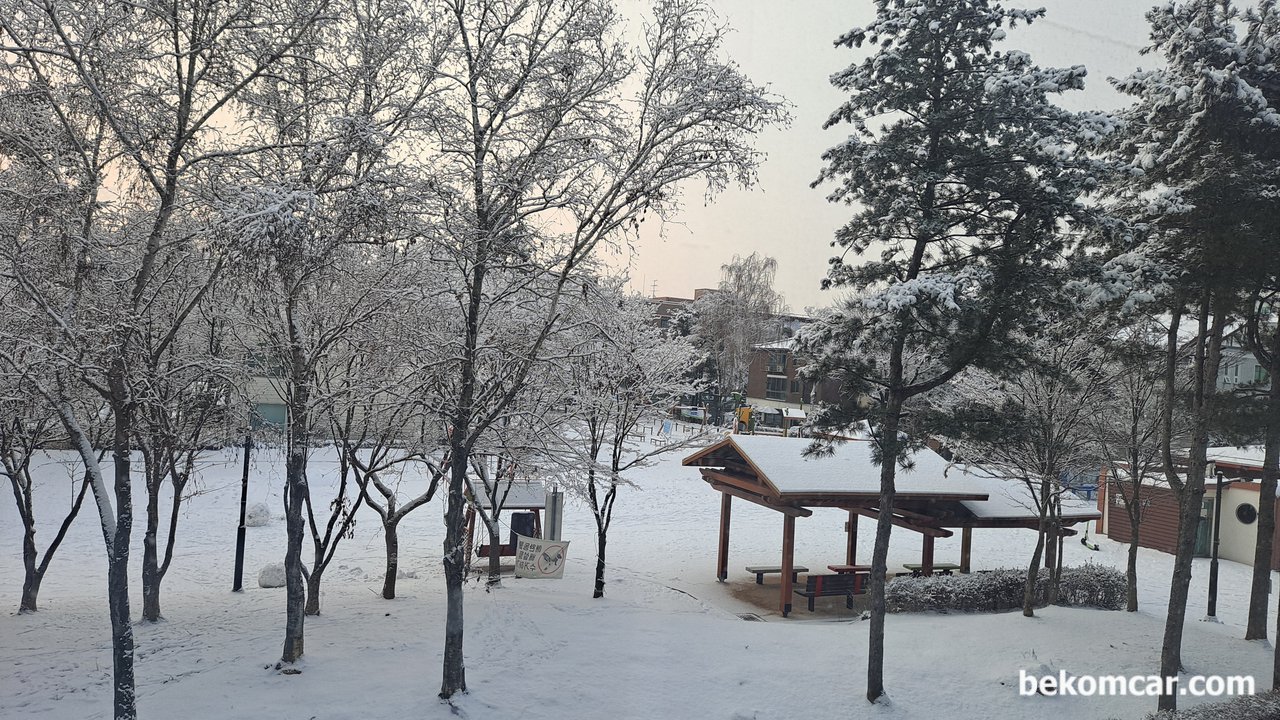 일산에 2022년 첫 눈이 소복히 내렸어요, 집앞에 있는 공원이다.조그마한 공원인데 벌써 동내 애들이 눈사람도 만들었다.|bekomcar.com