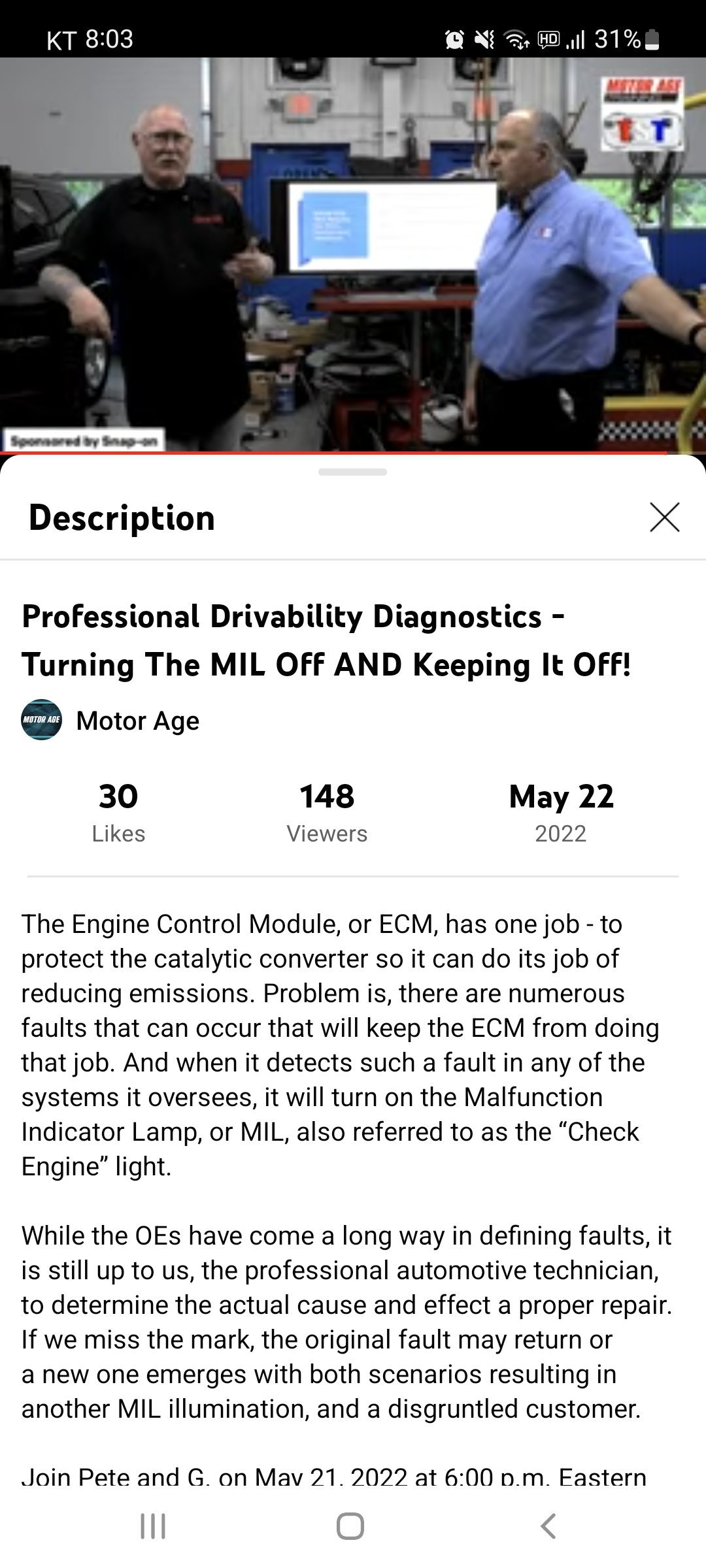 Professional Drivability Diagnostics Live, Motor Age 와 TST 의 라이프 기술포럼. ECM의 핵심목적은 촉매보호 이다.|베콤카 차량정밀진단