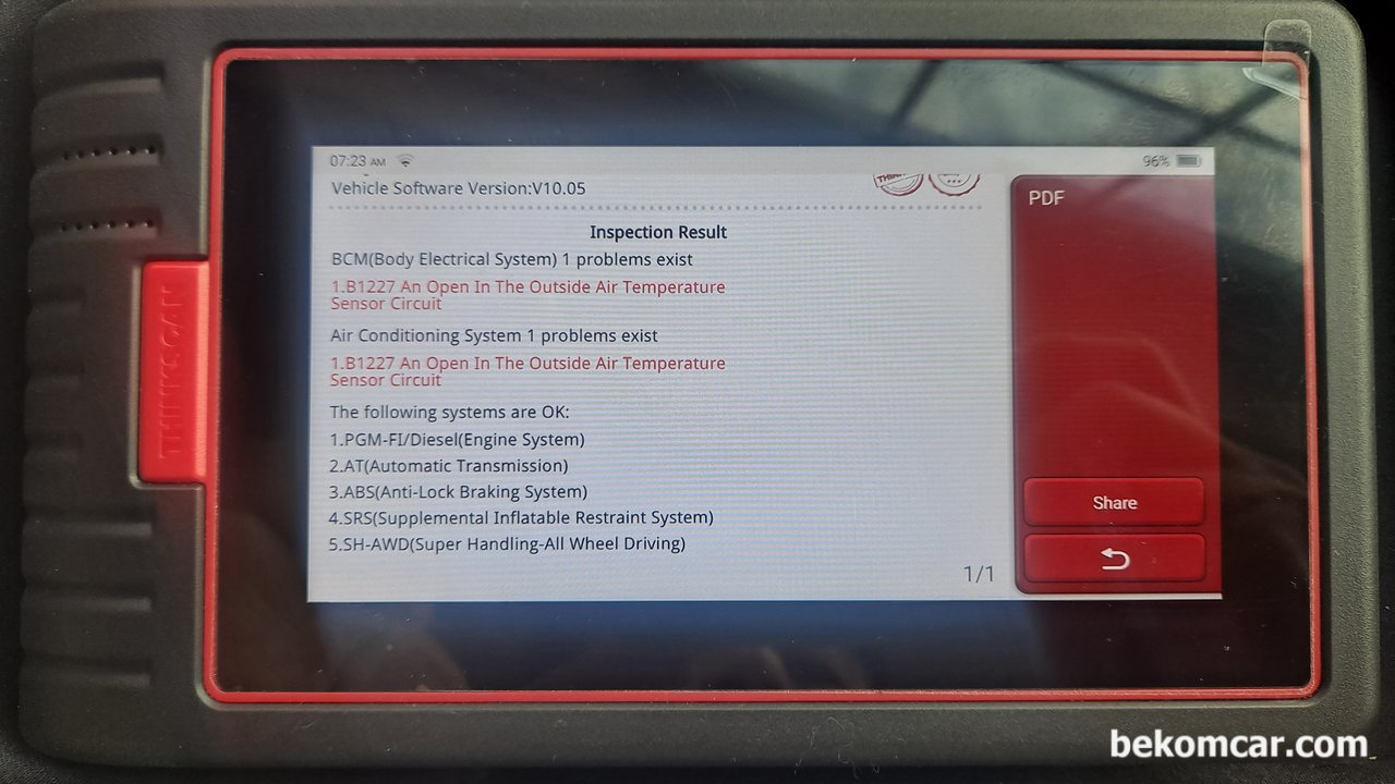 진단기 고장코드, 설명을 잘 해석해야 한다, 고장코드 설명중에 Battery Voltage Failure, Internal Power Source Failure 가 있다. 진단기로 고장코드 지운후에 다시 스캔한 결과이다. 전원과 관련된 고장코드가 사라졌다. 차량은 혼다 레전드 로 혼다클럽 회원 차량이다.|베콤카 차량정밀진단