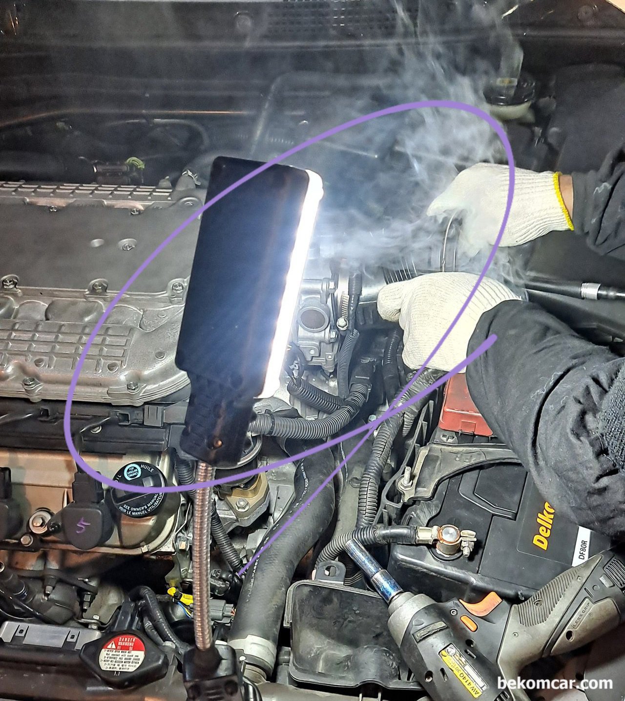 AUTOOL SDT 106, 도둑공기 누설테스터기, 어코드 레전드 오딧세이 나 파일럿 V6 J시리즈 엔진의 P0171 (희박) P0172(농후), 스모크 테스트 도둑공기 찾아내기. 작업장: 사자카|بيكومكار (bekomcar)