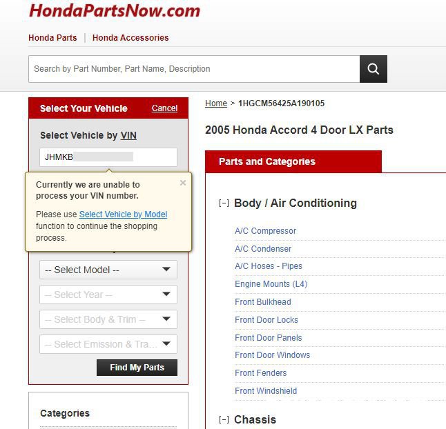 hondapartsnow.com 에서 차대번호로 조회하면 'Currently we are unable to process your VIN number' 라고 뜨는데 왜 그럴까요?, https://www.hondapartsnow.com/ Hondapartsnow 에서 한국시장에 출시된 차량의 차대번호를 조회하는경우 차대번호 처리 불가 라고 메시지가 표시된다.|bekomcar.com