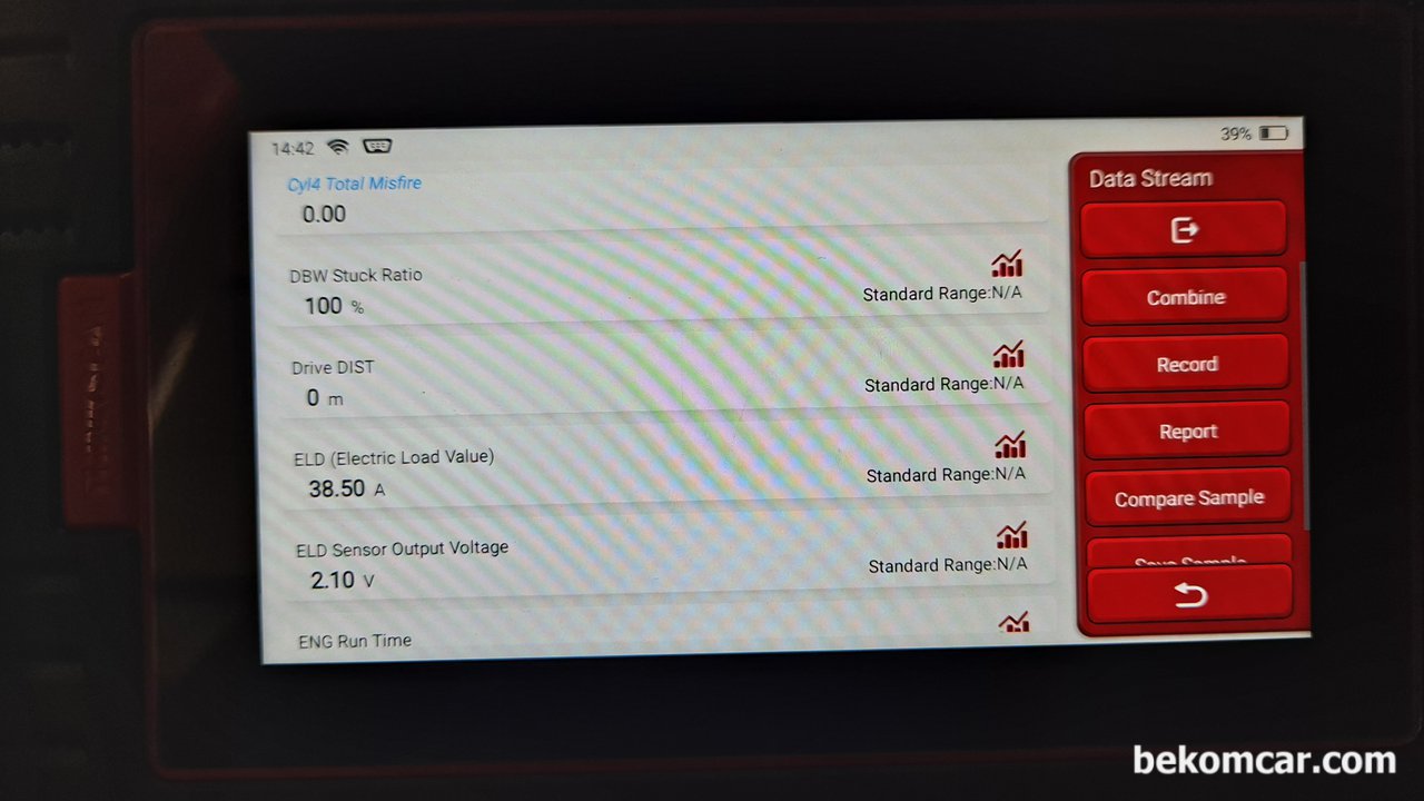 쓰로틀바디 100%막힘상태의 카본찌꺼기 오염정도, 혼다 어코드 8세대 DBW 막힘정도가 100%인 쓰로틀바디 진단기 화면.|بيكومكار (bekomcar)