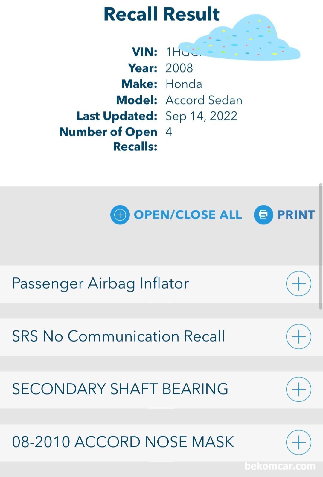 북미직수 혼다차량은 리콜여부 확인별도필요, https://owners.honda.com/service-maintenance/recalls 북미직수 혼다차량은 리콜여부 확인결과 그 유명한 다카타 에어백을 포함한 총 4개의 리콜이 남아있다. 베콤카 건강검진중 체크되었다.|베콤카 차량정밀진단