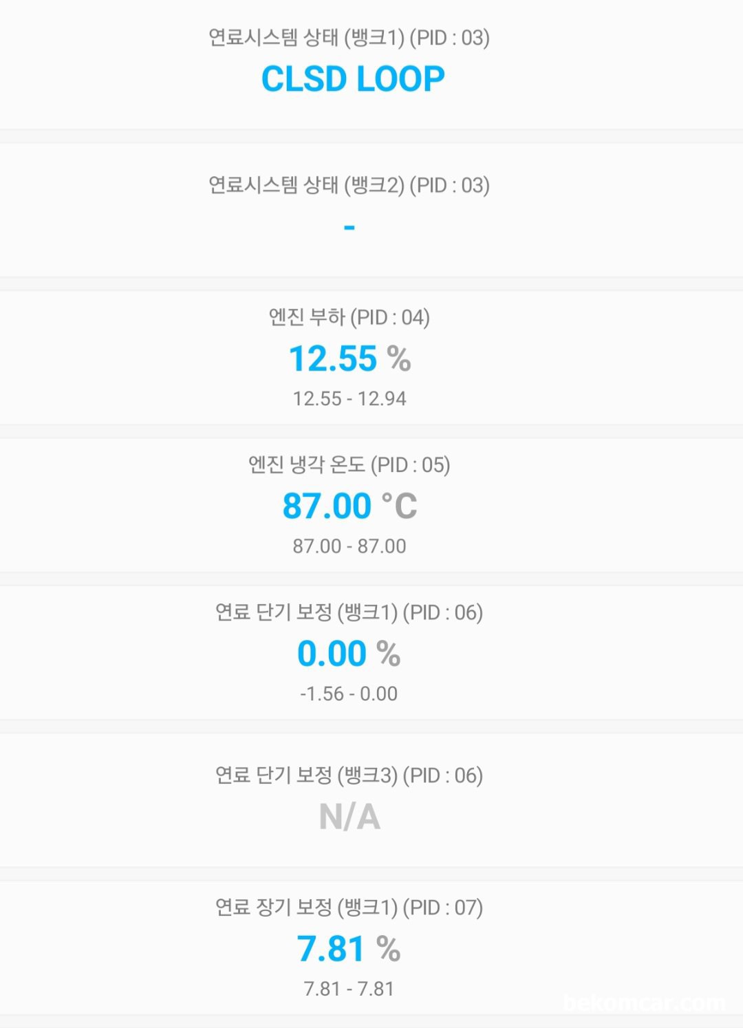 정상으로 돌아온 벤츠 W211 E200K 왕눈이 람다값, 베콤카 진단 정비사례, 벤츠 W211 E200K 왕눈이 아이들시 단기 및 장기연보정값 등 측정값이다. 장기연료보정값 (LTFT)이 좀 더 개선되면 더 좋겄지만 일단 잘 해결이 된것 같다. 단기연료보정값 (STFT)는 0.0%정도인데 이건 좀더 다양한 환경에서 측정해야지만 일간 만족스럽다. LTFT는 +-10%이내 STFT는 +-5%이내 이면 정상범위이다. 하지만 LTFT이 +-5.00%정도이내이면 더 좋겠다.|베콤카 차량정밀진단