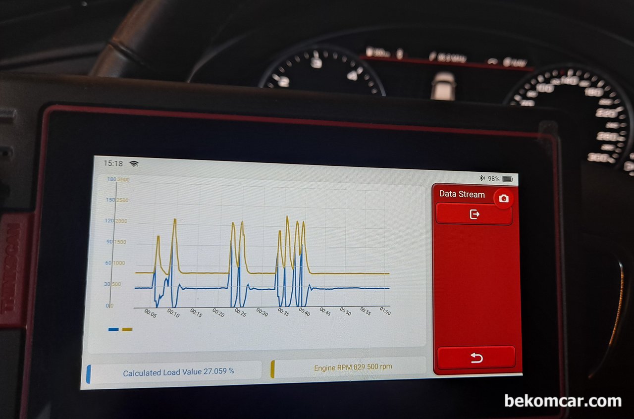 아우디 A6 2017년 2.0 TDI 출력이상, 베콤카 진단사례, 베콤카 진단차량은 아우디 A6 35 TDI 2017년차량으로 풀 시스템 진단후에, 상세 진단을 한다. 그중에 출력이상을 파악하기위하여 가장 기본적인 A6 차량의 상태를 파악한다. 바로 공기와 연료 이슈이다. RPM이 올라가면 상대적으로 CLV (Calculated Load Value)도 같이 대부분 이니어한 파형을 보여준다. 그런데 이번경우는 정 반대로 RPM이 치솟으면 반대로 뚝 떨어진다. 공기 아니면 연료 둘 중 하나인경우가 대부분이다. 점화플러그 코일 압축압력등 기타의 가능성은 매우 낮다는 잠정적인 결론을 낼 수 있는 근거자료이다.|베콤카 차량정밀진단