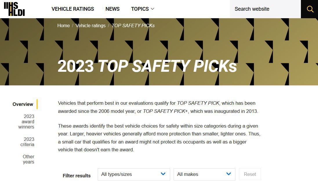 미국 IIHS 발표, 승용차 안전등급표, 2023 Top Safety Picks, iihs.org, 2023 Top Safety Picks, Source: https://www.iihs.org/ratings/top-safety-picks|بيكومكار (bekomcar)