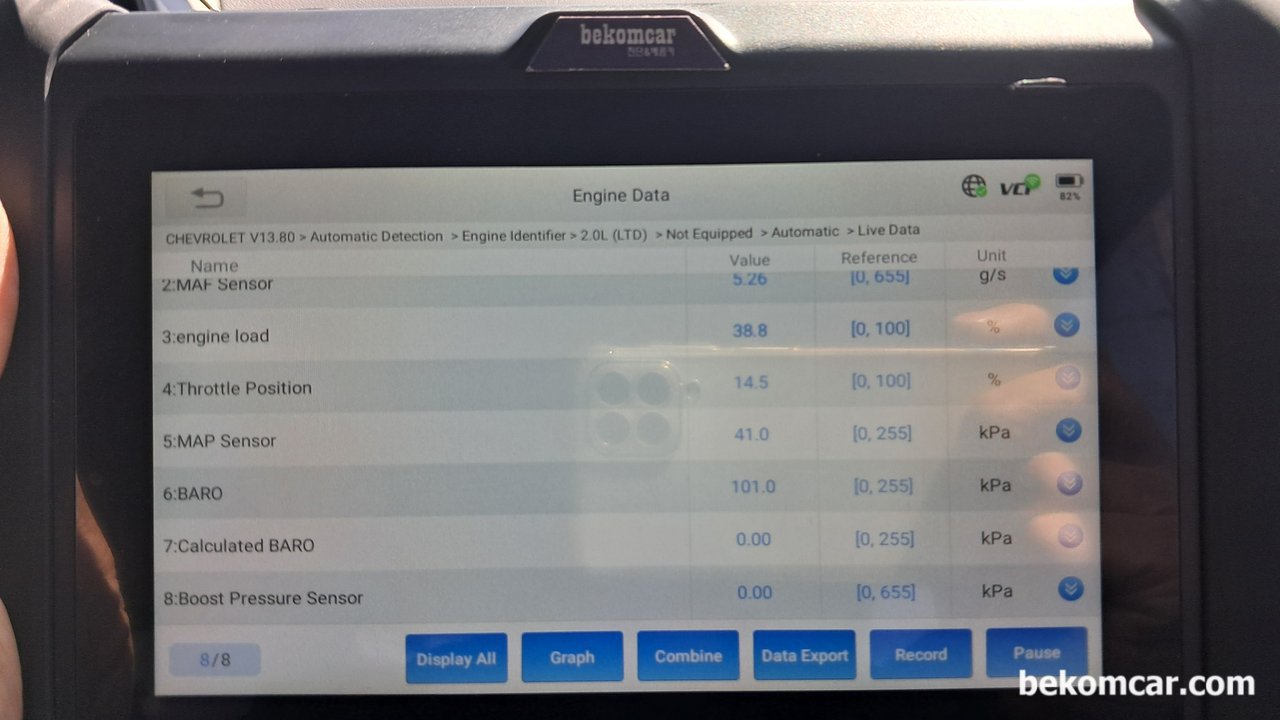 쉐보레 말리부 8세대 2.0 운행성 데이터분석 특이사항, Calculated BARO 와 Boost Pressure Sensor가 0.00kPa로 측정된다. 쉐보레 말리부 8세대 2.0 LTD 운행성 데이터분석 특이사항 이다.|بيكومكار (bekomcar)