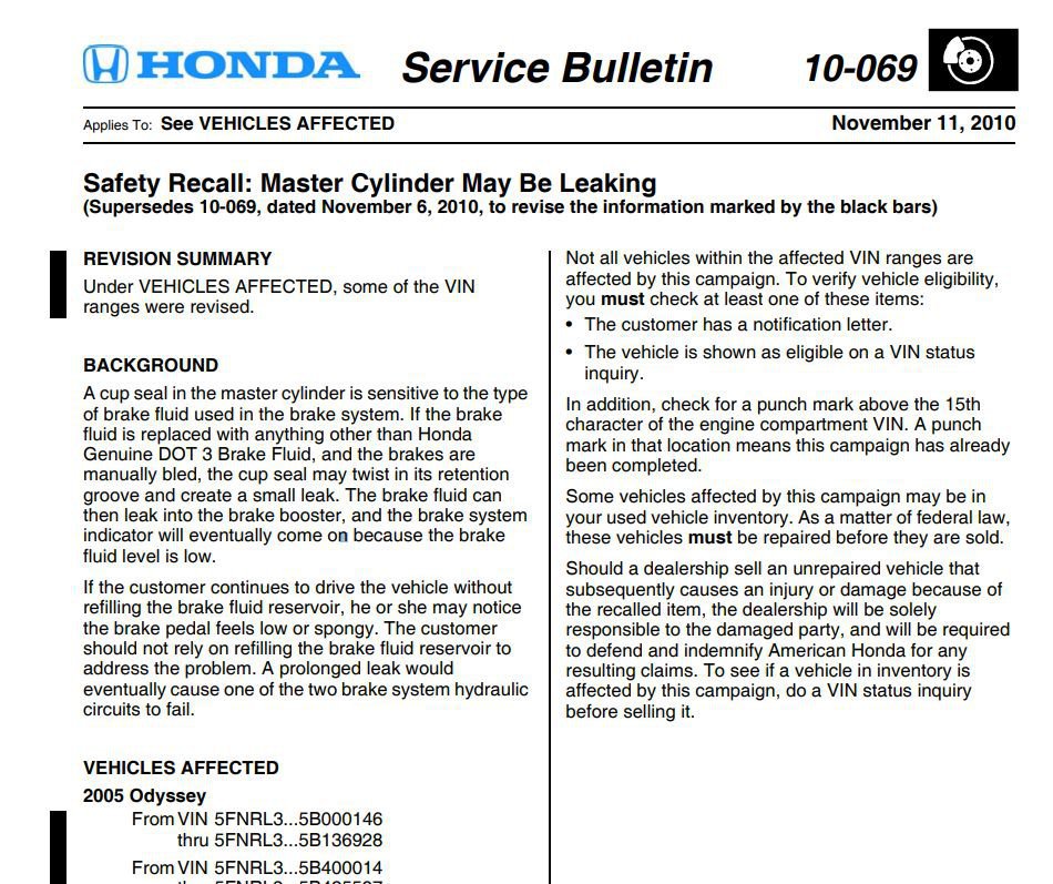 혼다 CRV 4.5세대 2018년도 차량인데 브레이크오일 교환시 호환되는 브레이크오일을 사용해도 좋을까요?, Safety Recall: Master Cylinder May Be Leaking, Service Bulletin #10-069, November 11, 2010. Courtesy of American Honda Motor Co., Inc.|베콤카 (bekomcar.com)
