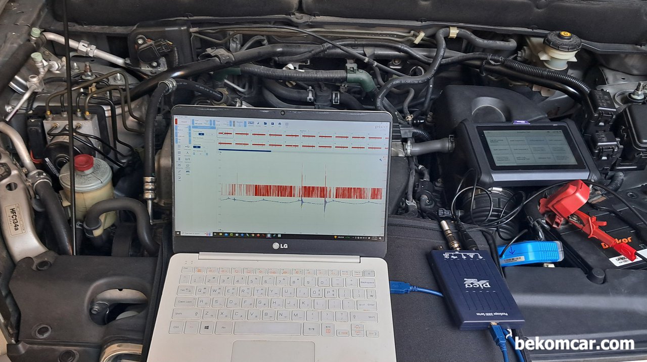 알터네이터와 배터리 수명, 상호 영향을 준다, 베콤카 진단차량은 2005년 혼다 CRV 2세대이다. 정밀진단시에는 스코프 전기신호 파형 분석을 하기도 한다. 특히 발전기의 경우 A/C Ripple Test는 필수이다. 이번에 사용한 스코프는 피코스코프 2204A로 무엇보다 소프트웨어가 매우 좋다.|베콤카 (bekomcar.com)