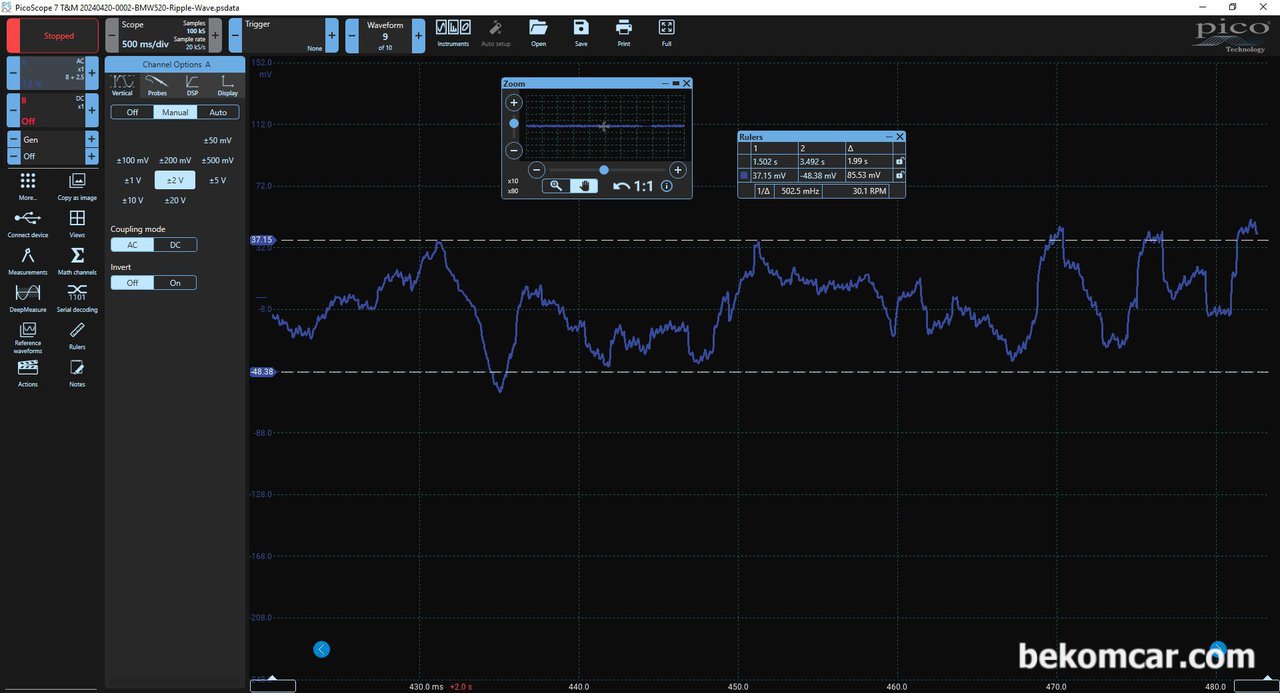 2010년 BMW 528i, 알터네이터 교체전 피코스코프 사용 리플전압 파형분석, 베콤카 진단차량인 BMW 528i의 알터네이터 리플전압 AC Δ값이 노이즈 제거후에는 85mV로 측정된다. 피코스코프 장점은 단연코 소프트웨어 이다. 일반파일로 저장하여 다양하게 분석이 가능하기 때문이다.|베콤카 (bekomcar.com)