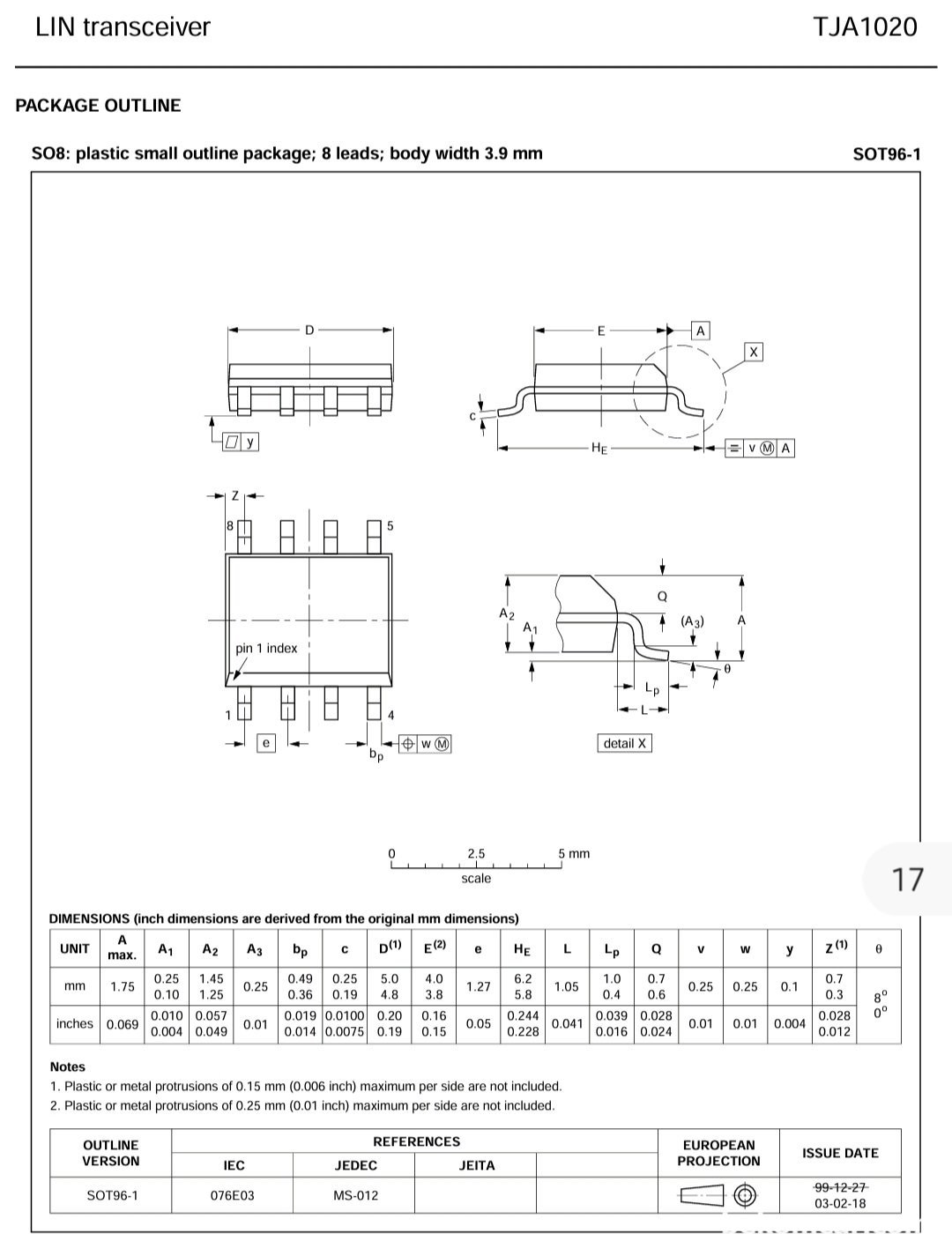 NXP 필립스 TJA1020 LIN BUS 송수신 칩, LIN BUS 통신 송수신 칩 TJA1020 dimension이다. Drawing courtesy of NXP|ベコムカー (bekomcar)