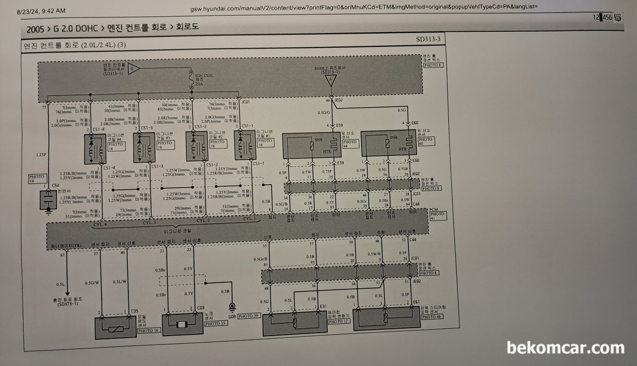 현대자동차 NF 쏘나타 OBD2 포트 중에서 CAN H & CAN L 포트가 몇 번인가요? 보통은 6번과 14번인데 전혀 CAN 통신 파형이 잡히지 않네요., 2005 NF쏘나타 2.0 DOHC 엔진컨트롤회로 도면 출처 & 저작권: 현대자동차 https://gsw.hyundai.com|bekomcar.com