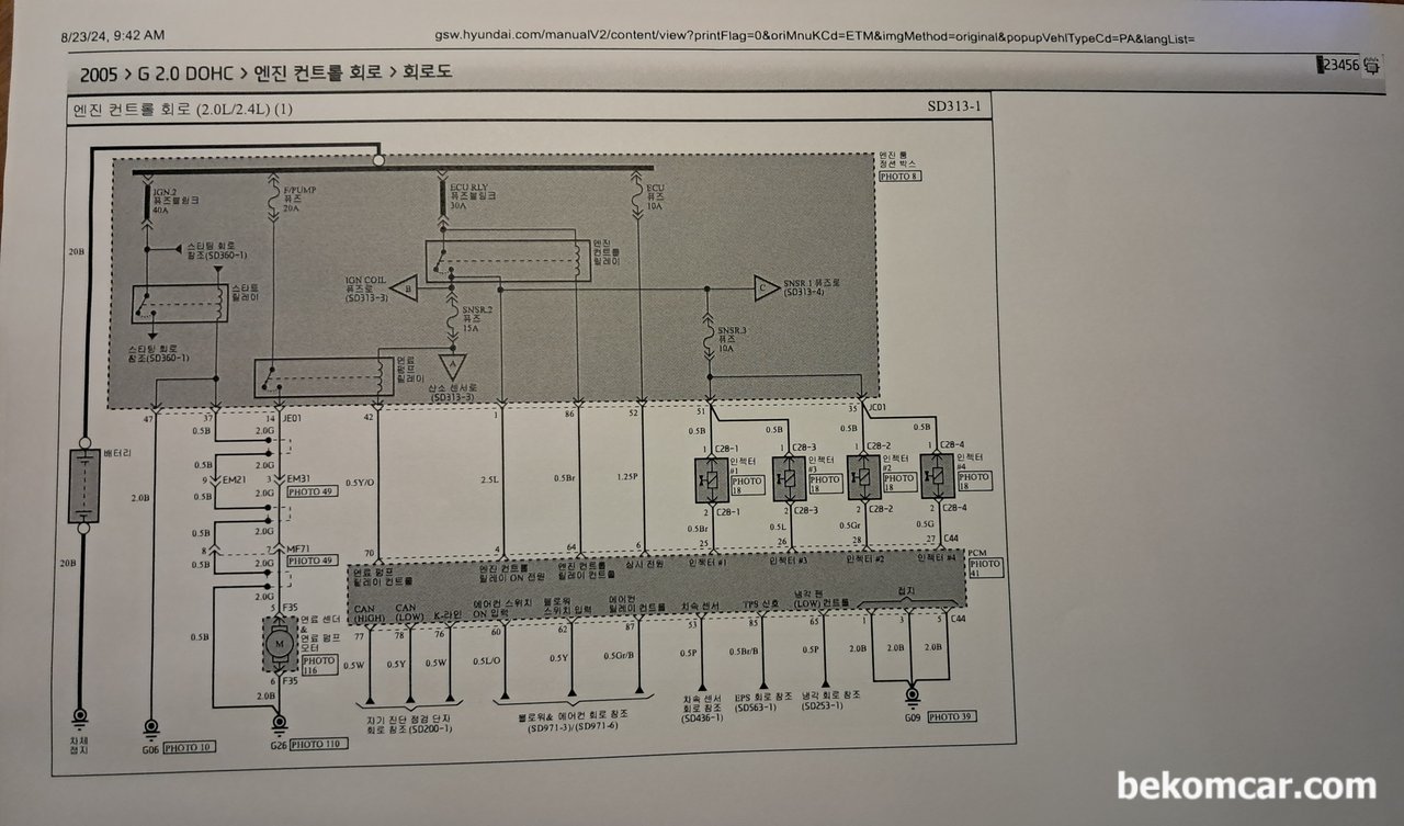 현대자동차 NF 쏘나타 OBD2 포트 중에서 CAN H & CAN L 포트가 몇 번인가요? 보통은 6번과 14번인데 전혀 CAN 통신 파형이 잡히지 않네요., 2005 NF쏘나타 2.0 DOHC 엔진컨트롤회로 도면 출처 & 저작권: 현대자동차 https://gsw.hyundai.com|bekomcar.com