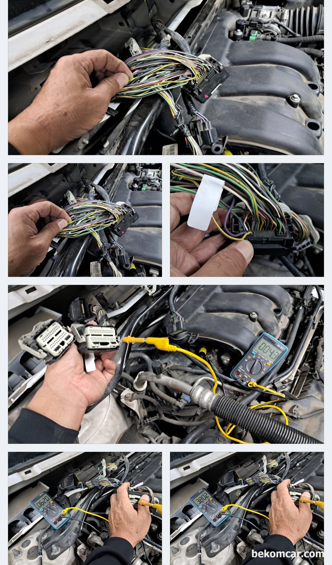 포드 익스플로러 실화 부조 ECU 진단, O.L 측정값이 반가울때, 하네스 연결 터미널 킨 상태등 점검하나 이상은 발견되지 않는다. 전체 터미널 핀 진단결과 하나의 배선에서 점화코일 과 ECM 터미널간 쇼트상태가 확인된다.|贝科姆汽车 (bekomcar)