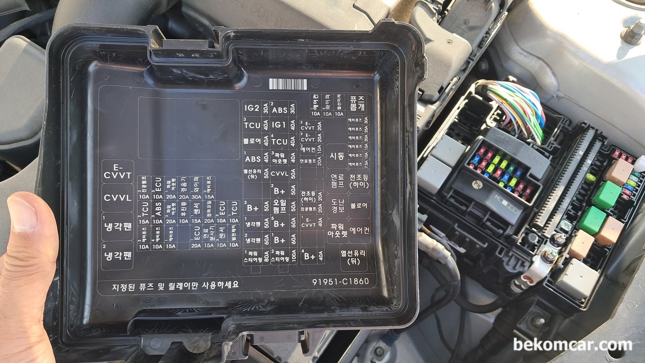 현대자동차 LF쏘나타, 차량정밀진단 & 정비성 절대강자, 현대자동차 LF쏘나타, 차량정밀진단에 필요한 휴즈 와 릴레이 정보가 너무 쉽게 표시되어 있다. 그리고 엔진룸 휴즈박스 접근성도 좋고 배치와 휴즈표기 그리고 점화코일, 연료펌프, 인젝터등 정밀파형점검이 가능하게 되어있다.|贝科姆汽车 (bekomcar)