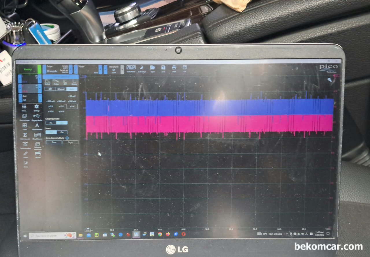 차량 네트워크 ECU 데이터 통신 분석.진단 을 쉽게 설명해주세요. 그리고 CAN통신. Flexray통신, DOIP 등 신제사례를 공유해주세요., BMW F10 528i CAN High & CAN Low 데이터통신 파형이다. BMW 차량의경우 Flexray (~ 10Mbit/s), MOST, PT-CAN, LIN BUS, CAN, Ethernet 통신등 약 7~9개정도 통신프로토콜 을 사용하고 있는경우가 많다.|ベコムカー (bekomcar)