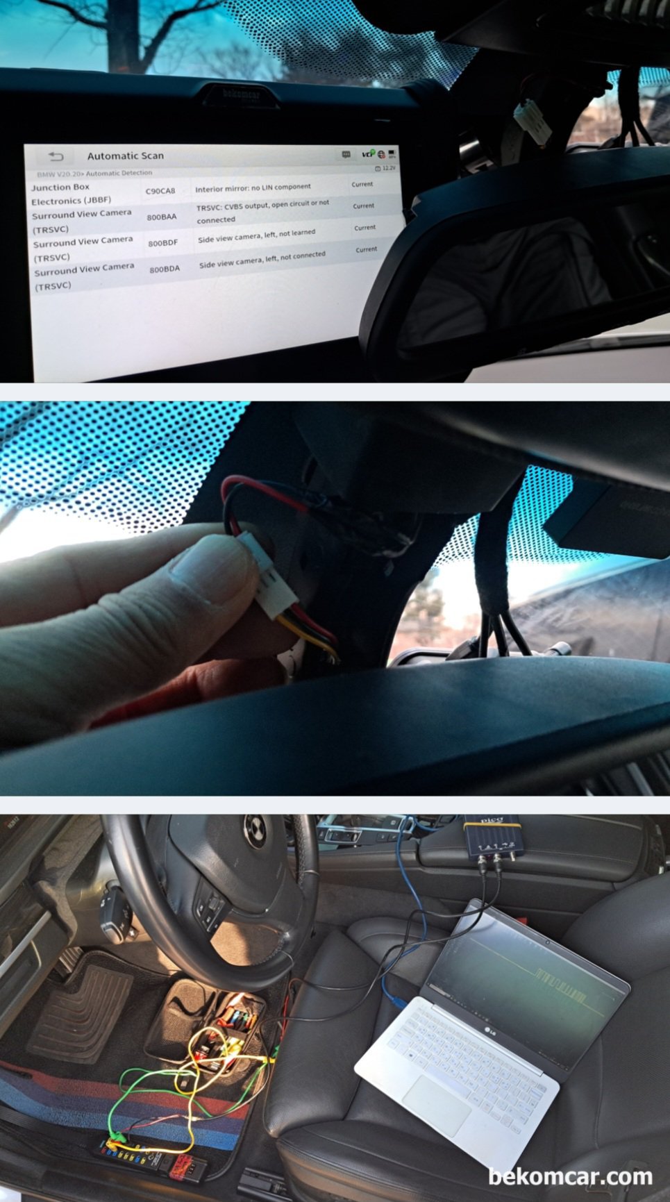 2012 BMW N55 535i, C90CA8 LIN BUS통신 고장코드 진단사례 기록, 베콤카 진단차량은 BMW N55 535i 2012년이다. 저속통신 LIN BUS 고장코드 'Junction Box Electronics, JBBF, C90CA8 Interior Mirror: No LIN Component' 이다. 그리고 TRSVC 800BDF, 800BDA Side View Camera, Left Not Connect & Learned' 고장코드도 스캔된다. C90CA8 의 경우 하이패스미러 가 원인을 진단되고, 코넥터 연결 분리 과정으로 검증해보니 C90CA8 가 스캔되고 안 되고 한다. 전체적인 BMW 535i 의 CAN BUS 통신은 정상으로 측정된다.|贝科姆汽车 (bekomcar)