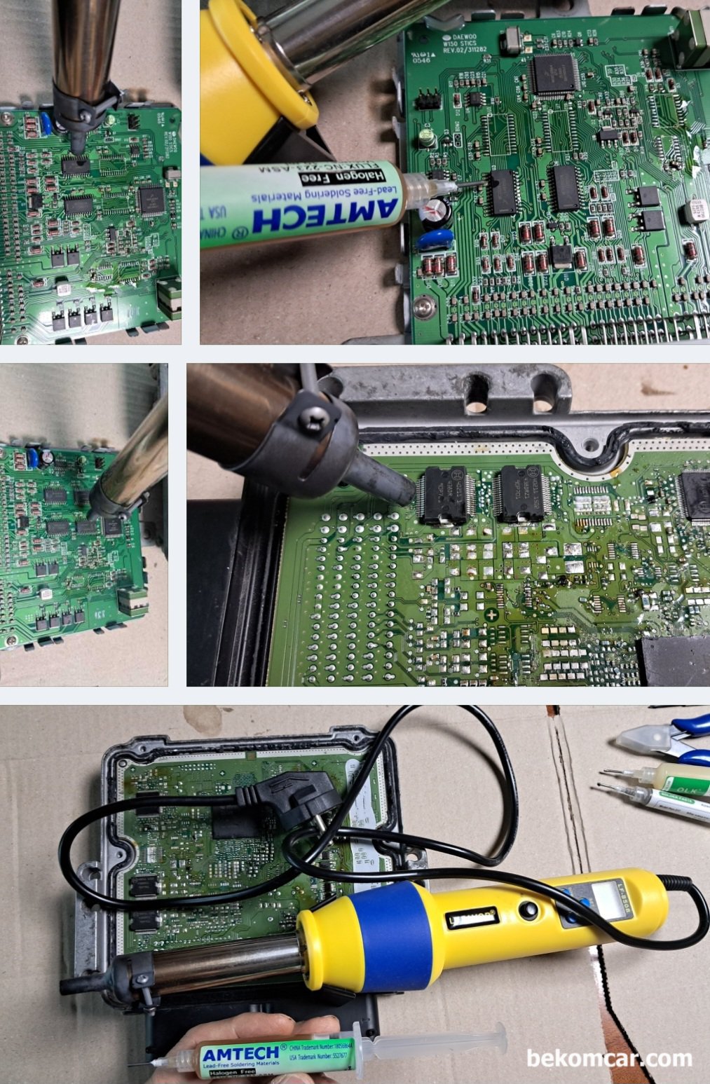 ECU, ECM, ABS Module, TCS등 각종 엔진전장 모듈 SMD 솔더링 실습과정 기록, 열풍기 납땜공구이다. 온도 조절이 되는 납땜 공구로 공기를 이용한다. 칩 등 SMD 타입에 최적이다. 공기 나오는 주둥이 크기가 달라서 작업하는 반도체 크기와 모양에 따라서 선별적으로 사용한다.|贝科姆汽车 (bekomcar)