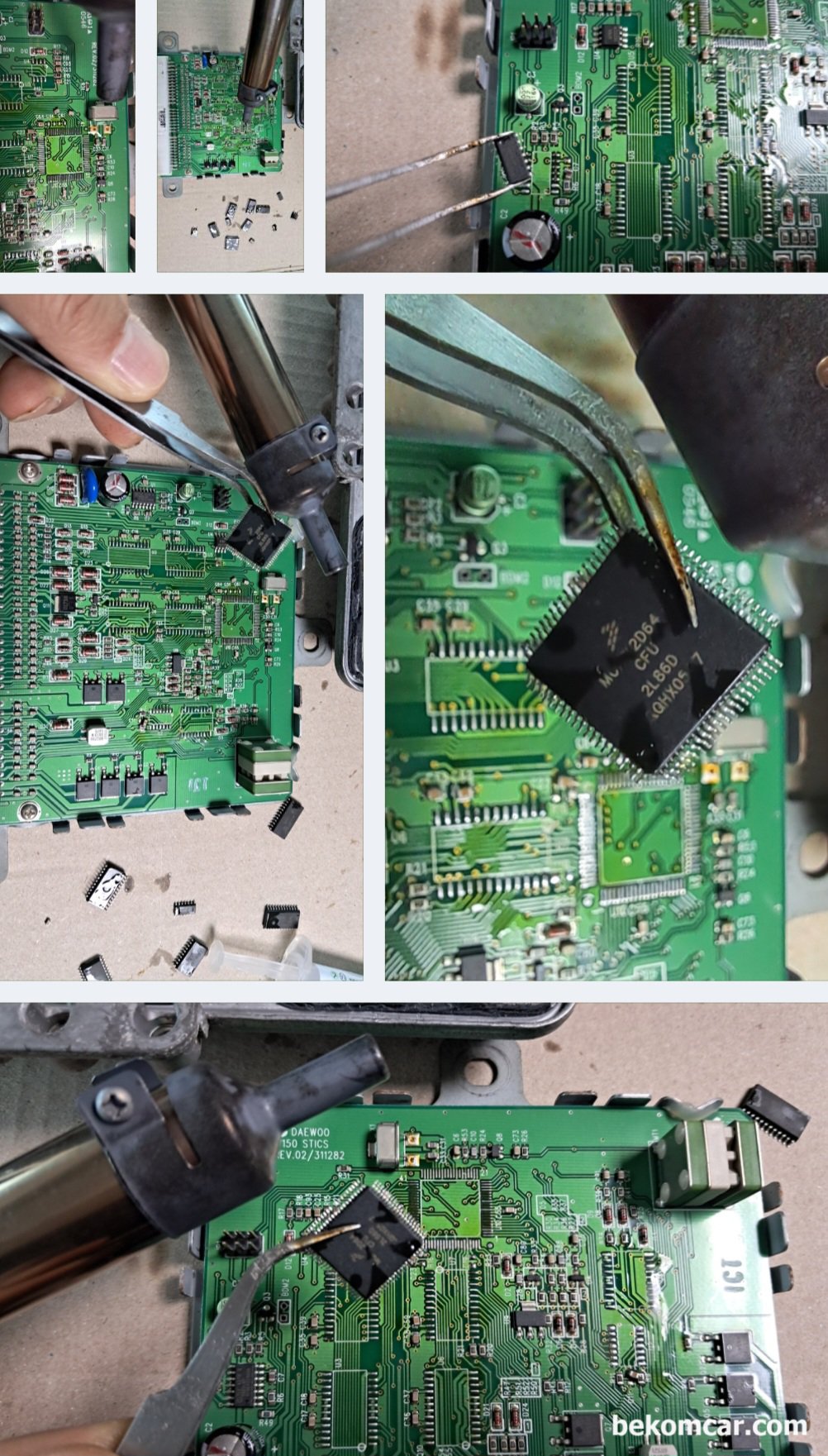 ECU, ECM, ABS Module, TCS등 각종 엔진전장 모듈 SMD 솔더링 실습과정 기록, 반도체를 PCB에서 제거하는 과정이다. 열풍기로 반도체 다리를 녹여서 살그머니 반도체 칩 을 제거한다. 너무 가까이 있는반도체도 함께 흐믈흐물 해지니 주의해야 한다. 베콤카가 정말이지 별것을 다 한다. 모두가 다 ECU등 정비비용을 줄이기 위해서이다.|贝科姆汽车 (bekomcar)