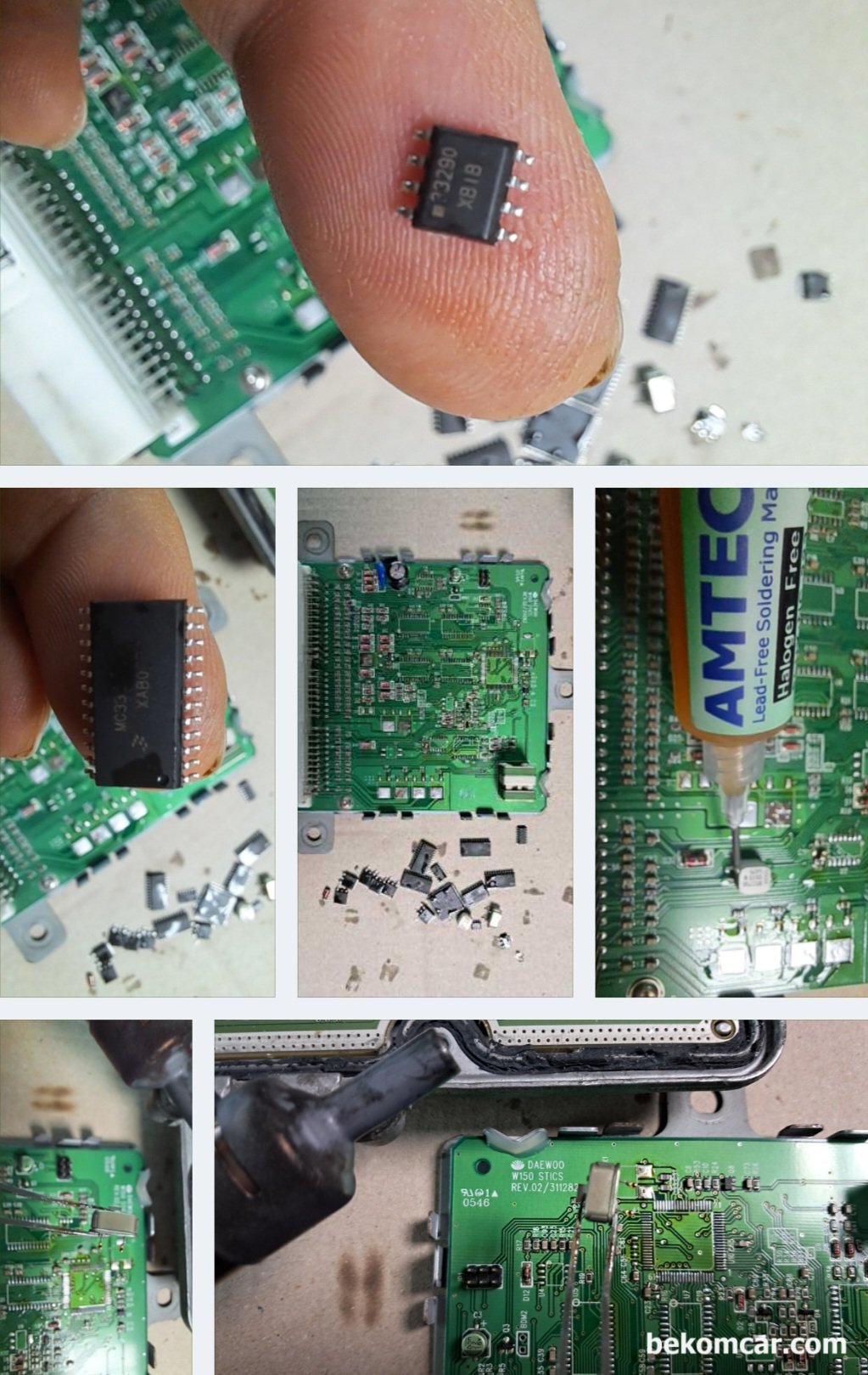 ECU, ECM, ABS Module, TCS등 각종 엔진전장 모듈 SMD 솔더링 실습과정 기록, SMD 타입의 반도체는 정말 작다. 그리고 작은 몸체에 지내처럼 가느다란 다리가 많이 달려있다. 이 것때문에 PCB에 납땜시 고도의 전문성이 필요하거나 아니면 SMD전용 납 땜 공구를 준비해서 작업해야 한다. AMTECH 이라는 솔더플럭스 역시 필수 준비사항이다. PCB에서 분리한 많은 반도체를 보면 정말 크기가 작다.|贝科姆汽车 (bekomcar)