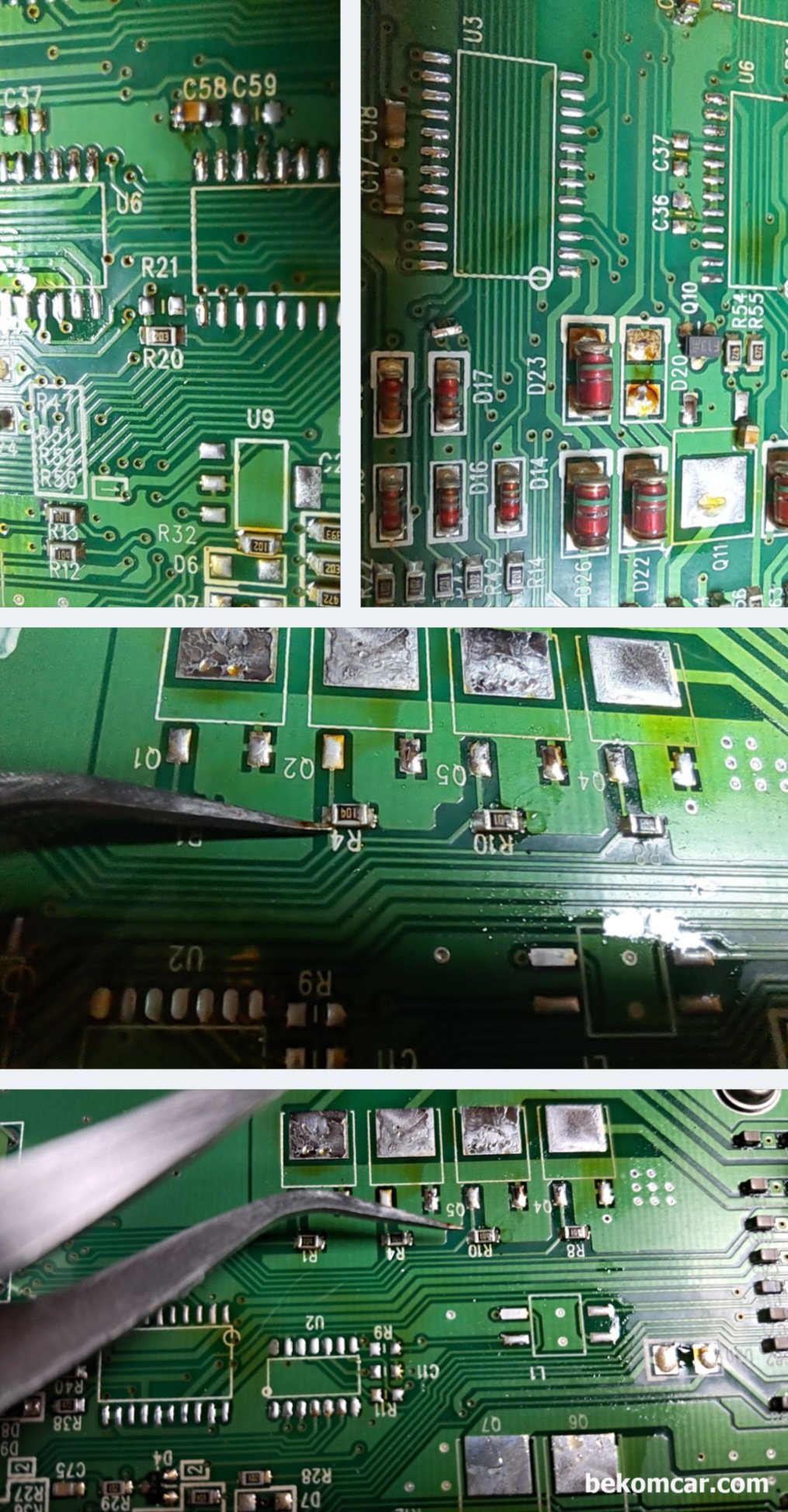 ECU, ECM, ABS Module, TCS등 각종 엔진전장 모듈 SMD 솔더링 실습과정 기록, 실제 눈에도 잘 안보이는 작은 저항칩 등을 분리해너 다시부착한 결과물이다. 아주 만족스럽다. PCb에 따라서 MOSFET등 분리가 잘 안되는경우도 있다.|贝科姆汽车 (bekomcar)