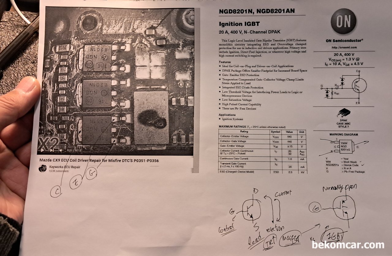 마즈다 CX9 ECU IGBT 구조이해 및 ECU정비시 참고자료, 마즈다 CX9 ECU IGBT 구조이해 및 ECU정비시 참고자료, 716 NGD8201N IGBT 부품이다. 점화코일 제어에 사용되는 일종의 스위치 이다.|贝科姆汽车 (bekomcar)