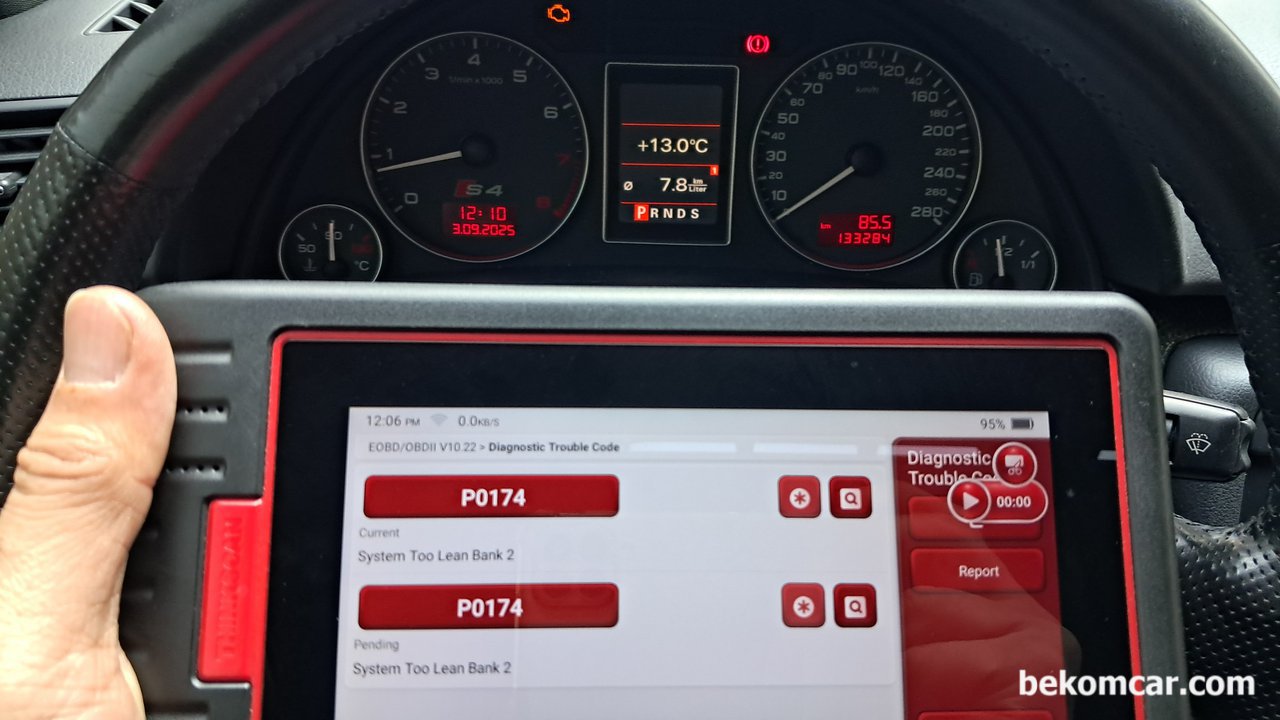 아우디 V8 S4 4.2L 엔진체크등 공연비희박 P0174 고장코드, 아우디 V8 S4, 스캔결과 뱅크2 공연비희박 P0174가 확인된다. Status 상태는 Current 현재와 Pending 대기중 이다. Pending의 경우 조만간 고장코드가 뜬 다는 의미이다. 희한것이 람다값이 사실상 1.00 이고 토탈 연료보정값 (장기 + 단기) 역시 5.00%를 넘지 않는데 '희박 P0174' 라는 고장코드가 확정된것이 희한하다. 이렇게 논리적으로 앞 뒤가 맞지 않을경우, 실제 산소센서값 및 부하전압강하등을 오실로스코프로 측정해보면 확정진단이 가능할것이다.|بيكومكار  (bekomcar)