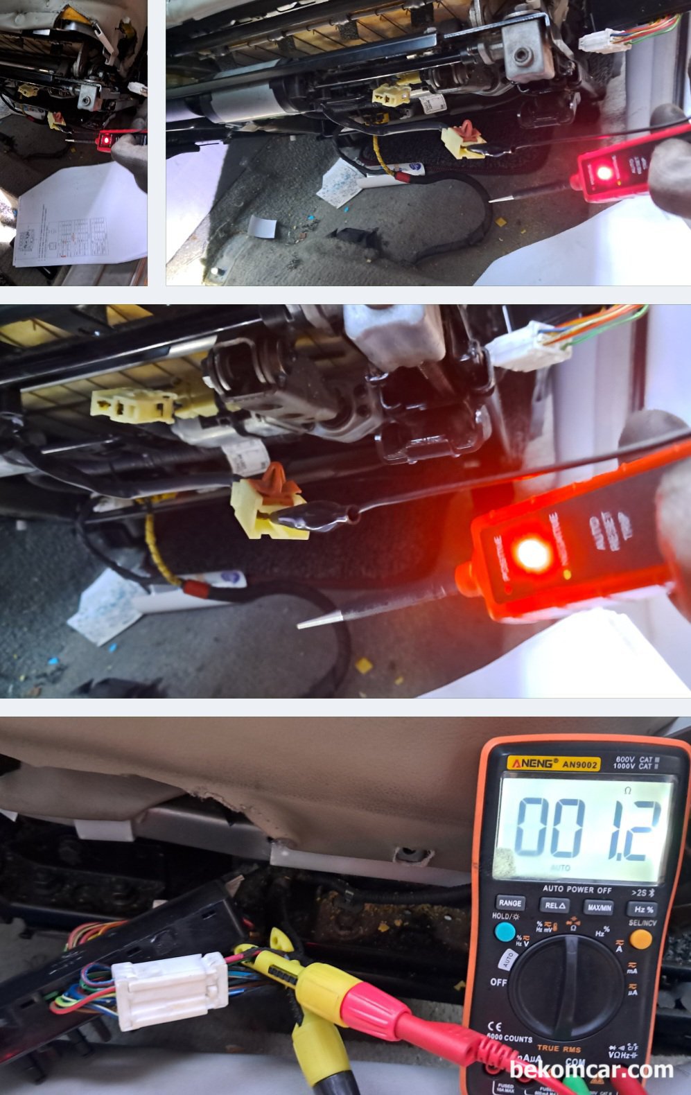 현대자동차 NF쏘나타 운전석 전동시트 고장진단기록, 현대자동차 NF쏘나타 운전석 전동시트에만 모터가 몇 개 있다. 그중에서 슬라이드 모터는 앞 뒤 로 움직이는 모터이다. 코넥터를 분리하고 + - 를 확인후에 번갈아가면서 전원을 공급하면서 테스팅한다. 모터는 정상이다.|贝科姆汽车 (bekomcar)
