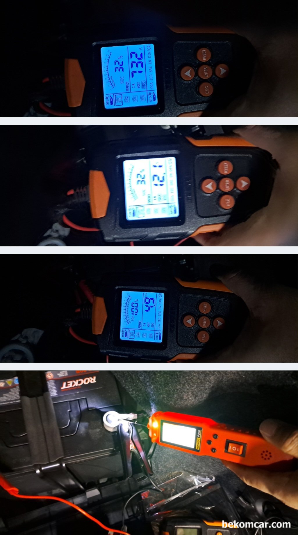 토요타 캠리 하이브리드 2012년 2AR-FXE 하이브리드 시스템 점검, 전기적인 고장이 있는경우 가장기본인 충전시스템중에서 12V 배터리를 확인한다. 멀티미터로 측정시 12.20V정도이나, 토요타 캠리 하이브리드 배터리 상태를 측정해보니 SOH는 100%이고 내부저항도 4.9밀리옴 정도로 좋다. 다만 충전상태가 32%정도, 저 충전상태로 분석된다. 풀 충전후에 재 확인하도록 한다.|ベコムカー (bekomcar)