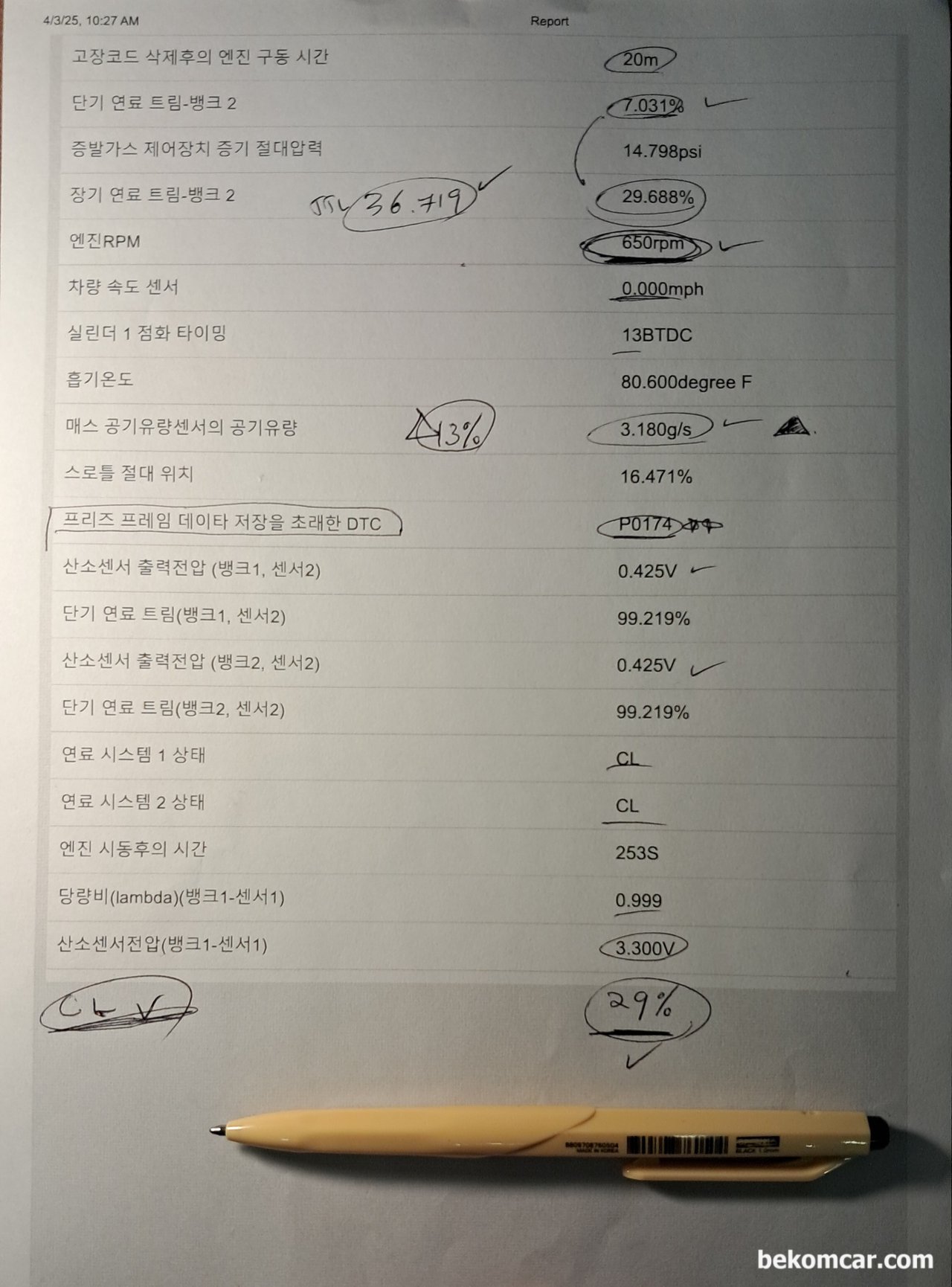 고장코드 진단시 문진표 와 데이터 분석의 중요성, 고장코드 및 진단항목에 따라서 가능한 데이터를 사전에 받아서 분석하는것 도 중요하다. 요즘은 상당수 고객분들이 OBD2를 사용해서 기본 데이터수집이 가능하다. 이 데이터와 문진표를 잘 분석하면 상당한 진단방향을 알 수 있다.|베콤카 차량정밀진단