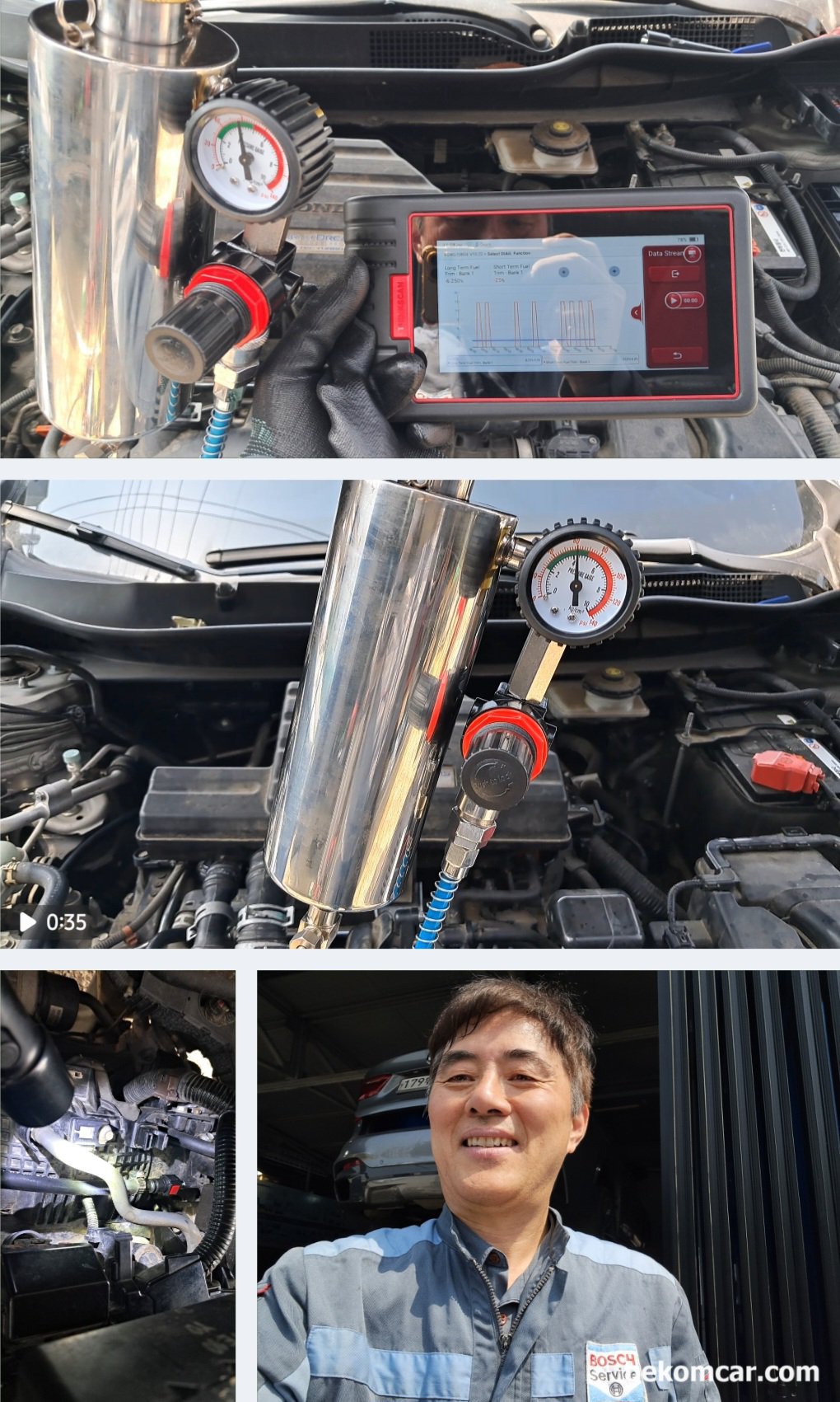 혼다 CRV 공연비농후 정비과정, 인젝터 크리닝 작업, 여수 출장정비로 혼다 CRV 농후고장코드 진단한 차량이다. 기존 연료라인을 인젝터 크리닝 장치로 바꾸는것이다. 샵 의 에어로 약 42psi에 맞추고 고정시켜준다. 고압레일 압력도 약 3.5MPa정도로 정상작동한다.|bekomcar.com