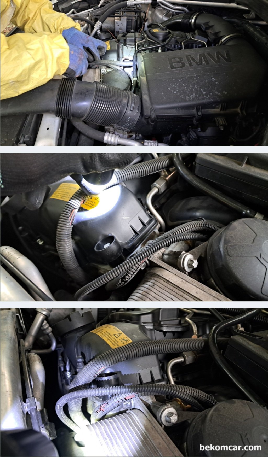 매연저감 연비향상 모듈 DCM7000설치 (BMW X6), DCMETECH 엔지니어가 BMW X6 에 배선 점검후 매연저감 & 연비향모듈 DCM7000 을 설치하고 있다.|ベコムカー (bekomcar)