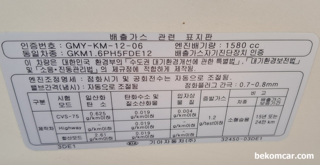 기아 K3 디젤 1.6L 연비향상 및 매연저감 장치 DCM5000 설치, 연비 3km/1L 향상, 기아 K3 디젤 1.6L 차량의 배출가스 관련 스티커이다. 보통 엔진룸 본네트에 스티커가 있다. 일반적으로 연비 향상은 매연저감을 의미한다. 현재 DCM5000이 설치된 기아 K3 차량은 여수에서 운행중이다.|bekomcar.com