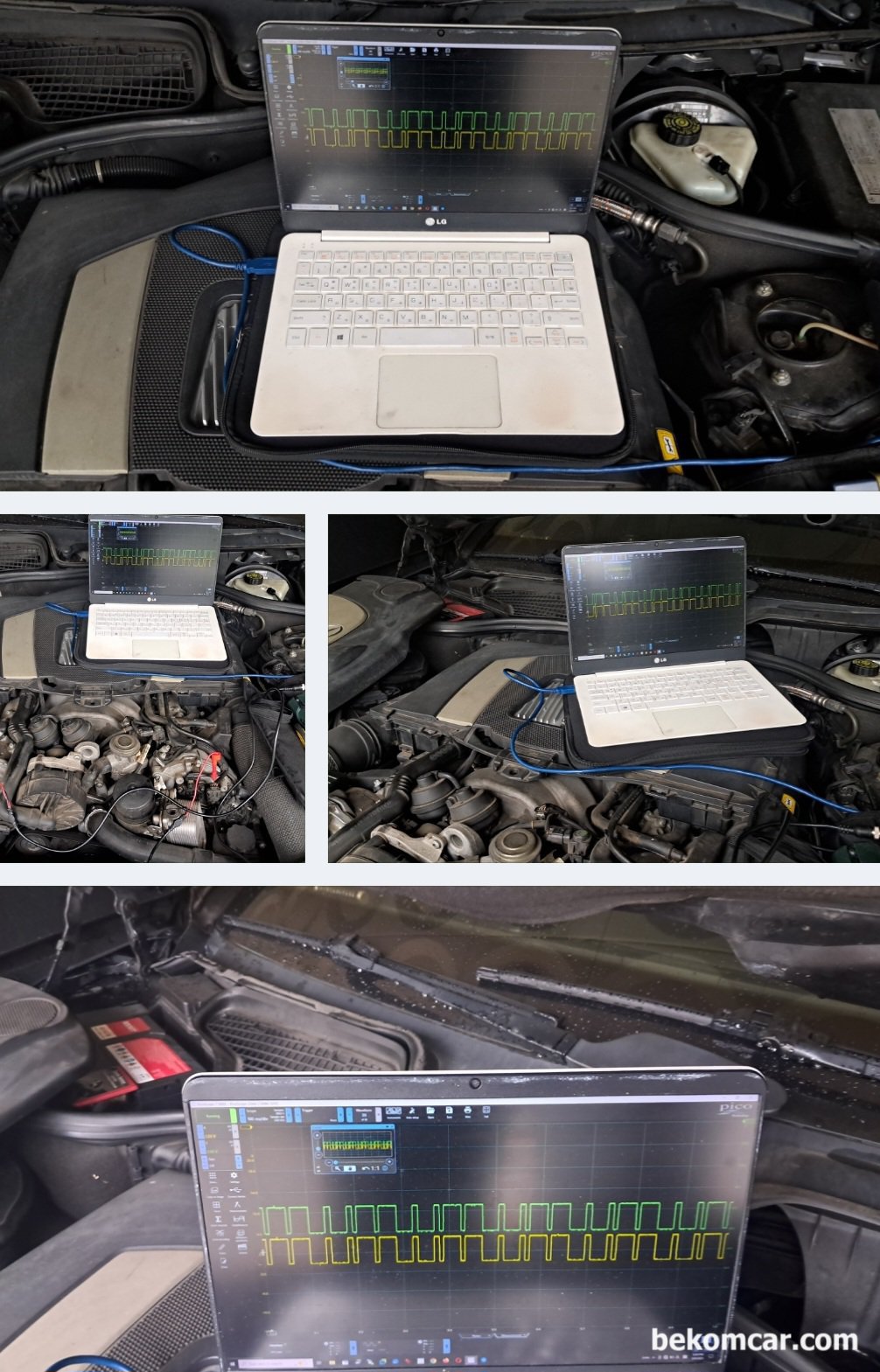 인테이크 캠새프트 포지션 고장진단, 벤츠 2008년 S550 V8, 벤츠 2008년 S550 V8 고장코드 '0744 무단계 캠샤프트 조절(좌측) 흠기 캠샤프트 잘못된 위치 그리고 고장코드 1211 좌측 직렬실린더의 흡기 캠샤프트를 계속해서 앞 쪽으로 조절' 파형 측정결과이다. 뱅크1 & 뱅크2 의 인테이크 캠 샤프트 위치가 정확히 일치한다. 정상이라는 의미이다.|베콤카 차량정밀진단