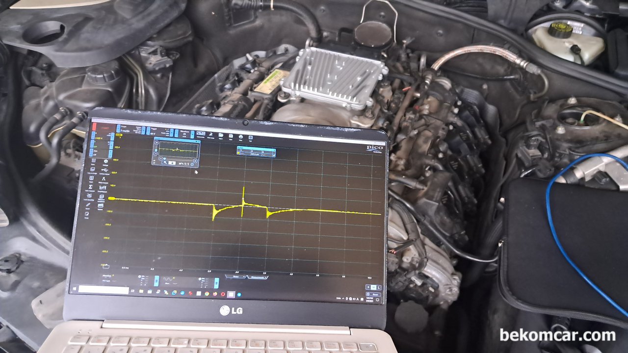 점화코일 점화플러그 파형분석, 2008년 벤츠 S550 V8, 벤츠 S550 V8 2008년 차량의 점화2차 파형분석과정이다. 1번 실린더 부터 8번 실린더까지 점화코일 점화플러그 인젝터 상태를 점검한다.|베콤카 차량정밀진단