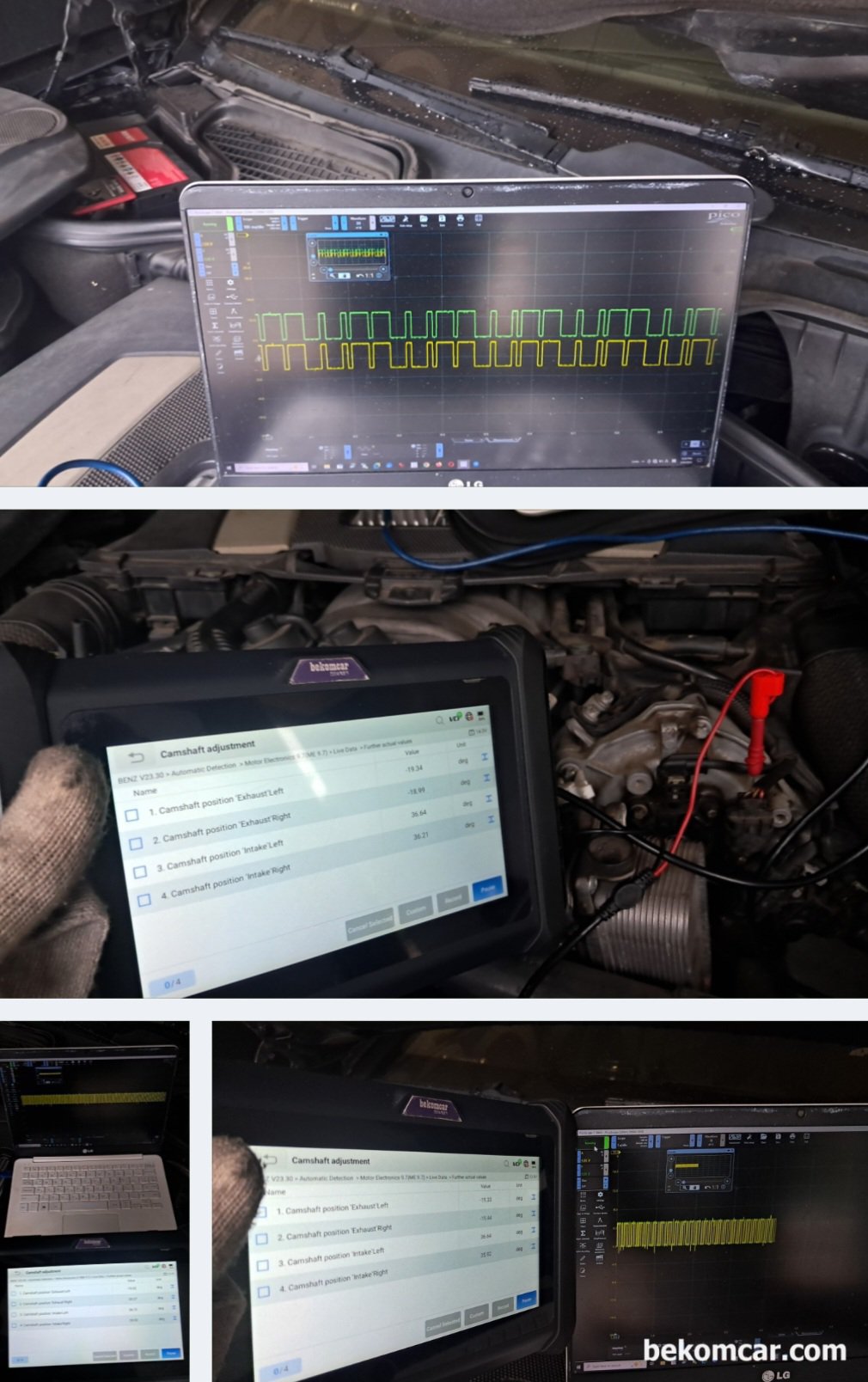 인테이크 캠새프트 포지션 고장진단, 벤츠 2008년 S550 V8, 벤츠 2008년 S550 V8 스코프로 파형 진단과정이다. 진단기상 고장코드 '0744 무단계 캠샤프트 조절(좌측) 흠기 캠샤프트 잘못된 위치 그리고 고장코드 1211 좌측 직렬실린더의 흡기 캠샤프트를 계속해서 앞 쪽으로 조절' 오실로스코프 파형 분석 과정이다.|베콤카 차량정밀진단