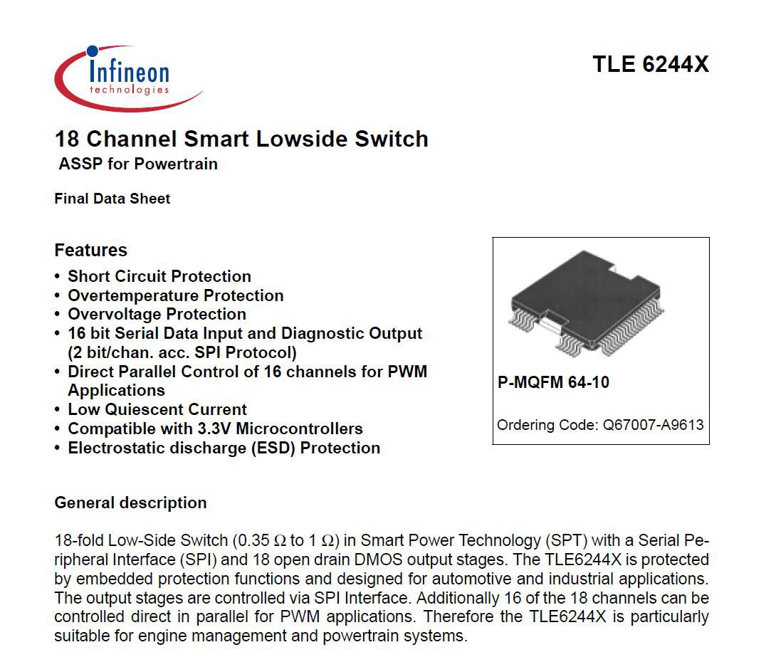 Infineon TLE 6244X, 18 Channel Smart Lowside Switch, '18 Channel Smart Lowside Switch ASSP for Powertrain TLE 6244X'.
Credit: Infineon Technologies|베콤카 차량정밀진단