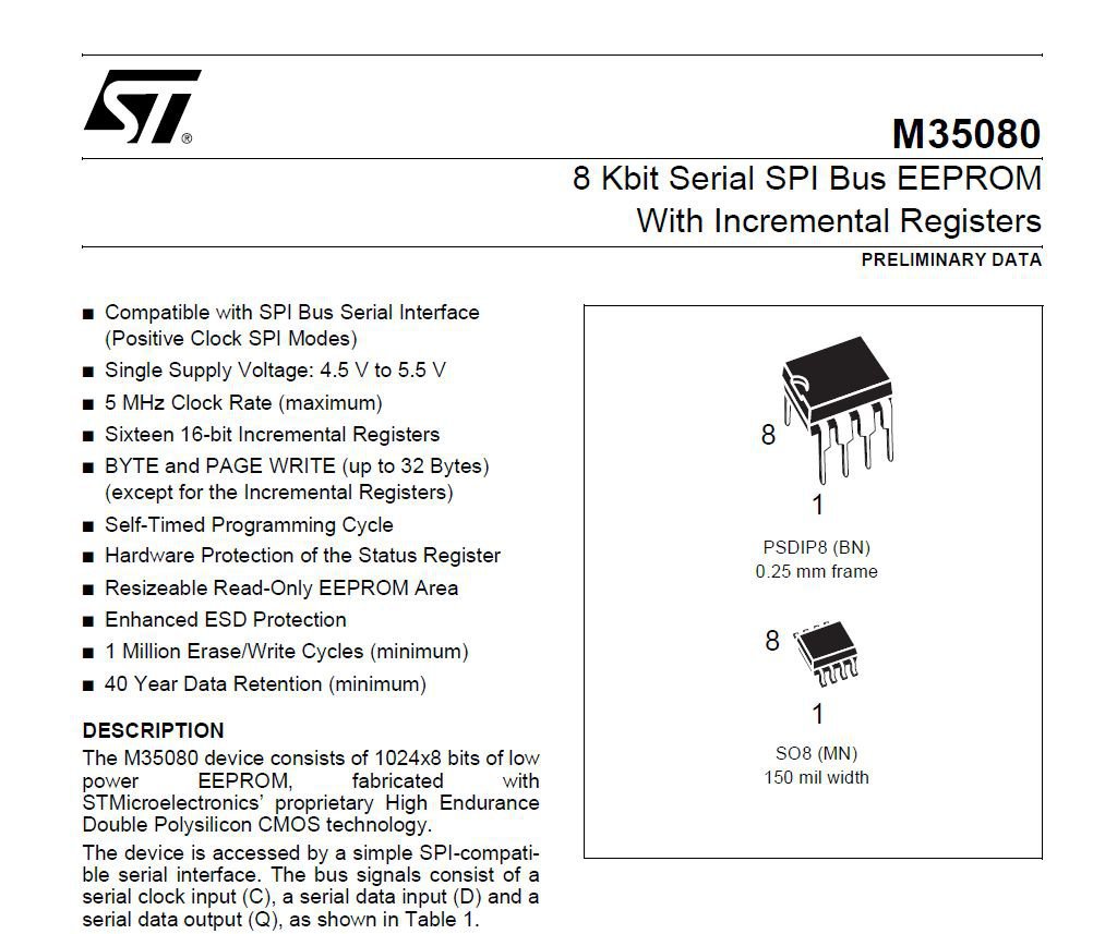 ST, M35080 8 Kbit Serial SPI Bus EEPROM, ST, M35080 8 Kbit Serial SPI Bus EEPROM. Source: ST M35080 Datasheet|베콤카 차량정밀진단