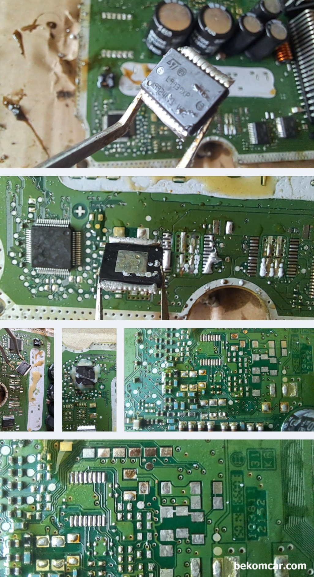 ECU SMD 칩 디솔더링 과 위그 작업등 기록, ECU에서 칩 을 분리후에 위그를 이용해서 SMD 납 땜을 위하여 깨끗히 정리해준다. 쉬워 보여도 사실상 생각많큼 쉽지는 않다.|ベコムカー (bekomcar)