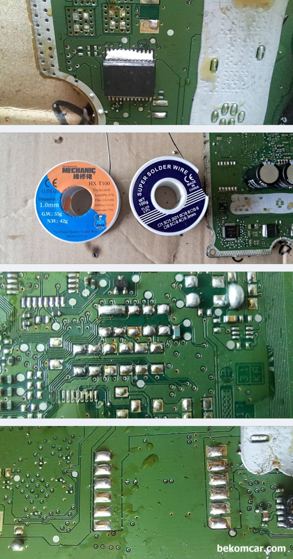 ECU SMD 칩 디솔더링 과 위그 작업등 기록, 좋아하는 MECHANIC 브랜드 납 땜 와이어 이다. 일반 납 땜 와이어 와 품질이 완전히 다르다. 칩 제거후 땜 부분 정리하고 열풍기 이용하여 SMD 칩 장착을 하기위하여 솔더링 팁 을 한 상태이다.|ベコムカー (bekomcar)