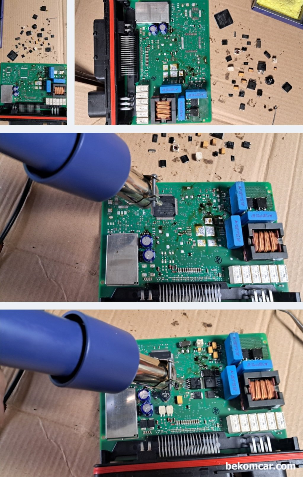 폭스바겐 3D0 909 137 F 5WK48505A & Honda ABS Module ECU PCB, Hot Air Gun 솔더링 장비와 일반 아이언 팁을 이용하여 작업한다. SMD 종류와 특히 IGBT등의 경우 열풍기 형태 솔더링 장비를 사용하는것이 작업성이 좋은것 같다.|베콤카 차량정밀진단