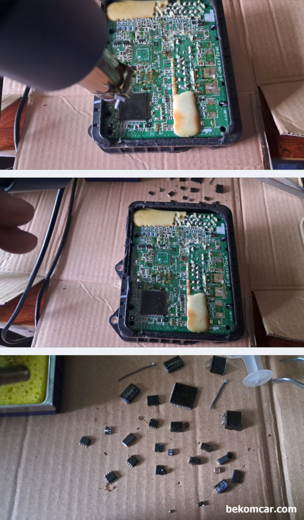폭스바겐 3D0 909 137 F 5WK48505A & Honda ABS Module ECU PCB, ABS모듈의 SMD 칩들을 분리하고 있다. EEPROM등 스왑시에도 필요한 작업과정이다. 거의다 SMD 형태로, 상당한 경험이 없이 ECU PCB 작업하다 실 수 할 수 있기에 충분한 연습이 필요하다.|베콤카 차량정밀진단