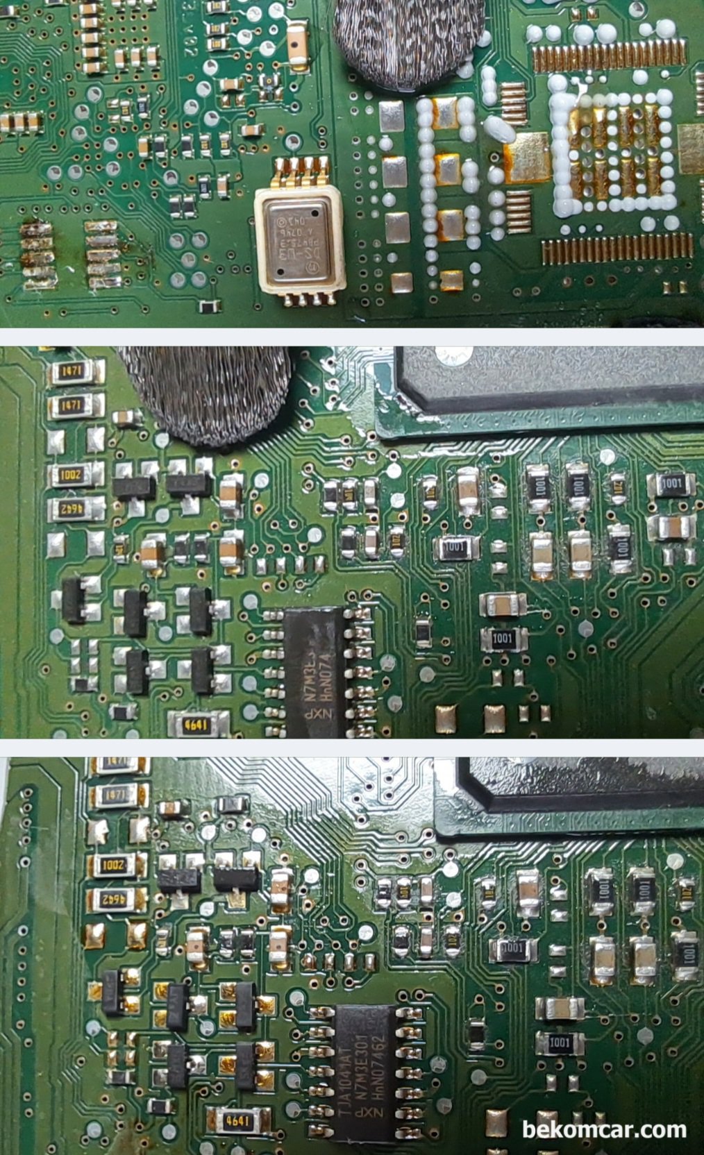 ECU 수리할때 PCB에 유분기등 냉간시 열간시 작동불량 점검, ME9.7 ECU PCB 납땜 부분에 엔진오일로 추정되는 유분기가 많이 묻어있다. 알콜과 전용 브러시로 PCB 손상없이 깨끗히 청소해준다.|베콤카 차량정밀진단