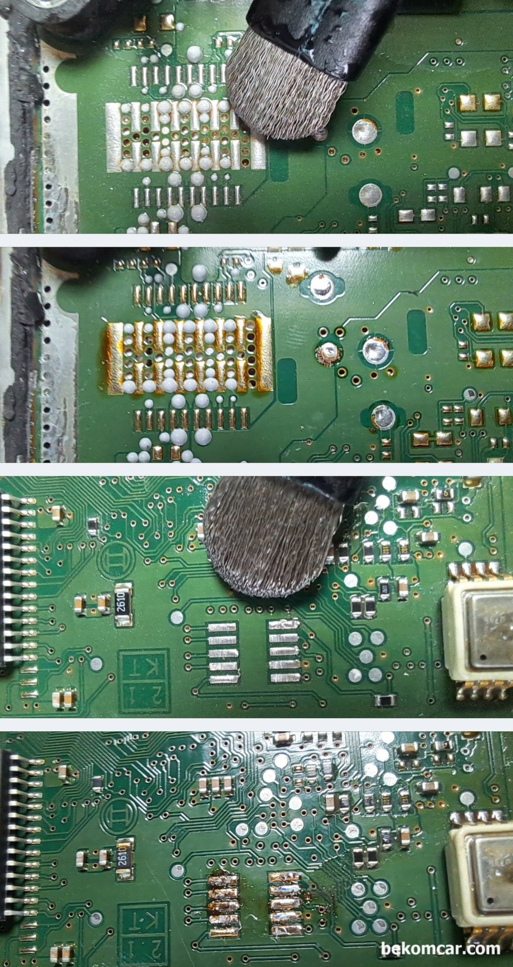 ECU 수리할때 PCB에 유분기등 냉간시 열간시 작동불량 점검, ME9.7 ECU PCB 납땜 부분에 엔진오일로 추정되는 유분기가 많이 묻어있다. 알콜과 전용 브러시로 PCB 손상없이 깨끗히 청소해준다.|베콤카 차량정밀진단
